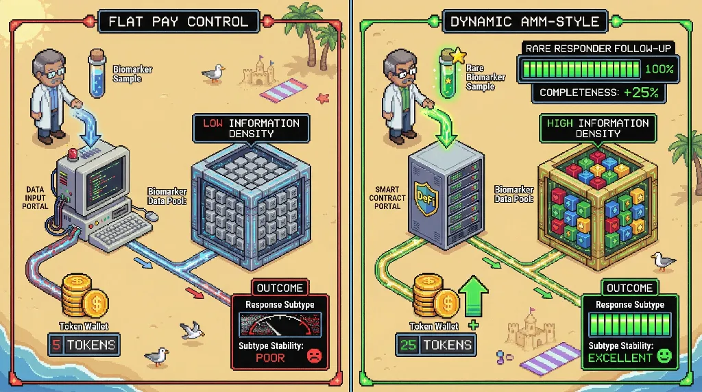 Infographic for: Hypothesis: AMM-style dynamic reward curves can enrich biologically informative responder subgroups in decentralized longevity trials