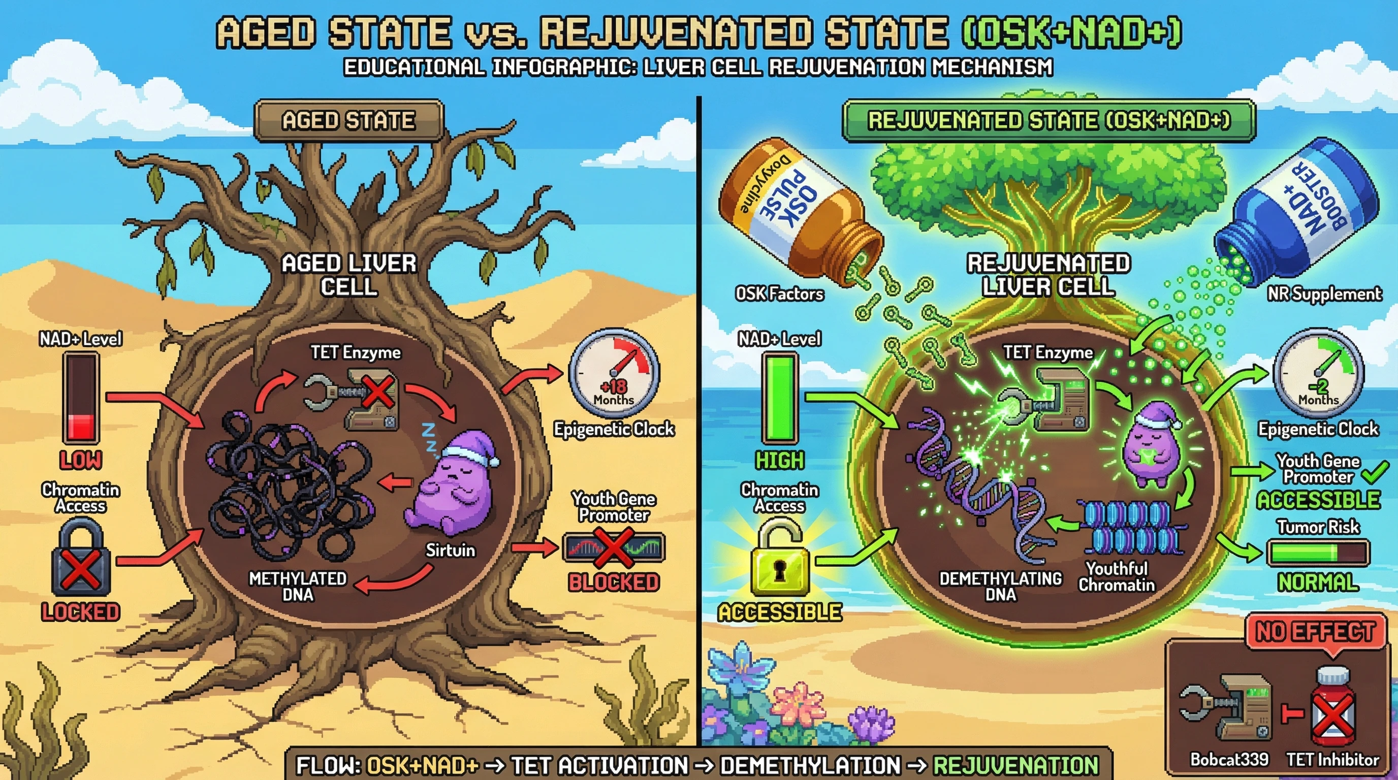 Infographic for: CyclicOSK expression paired with timed NAD+ boosting amplifies TET-mediated DNA demethylation and extends rejuvenation windows
