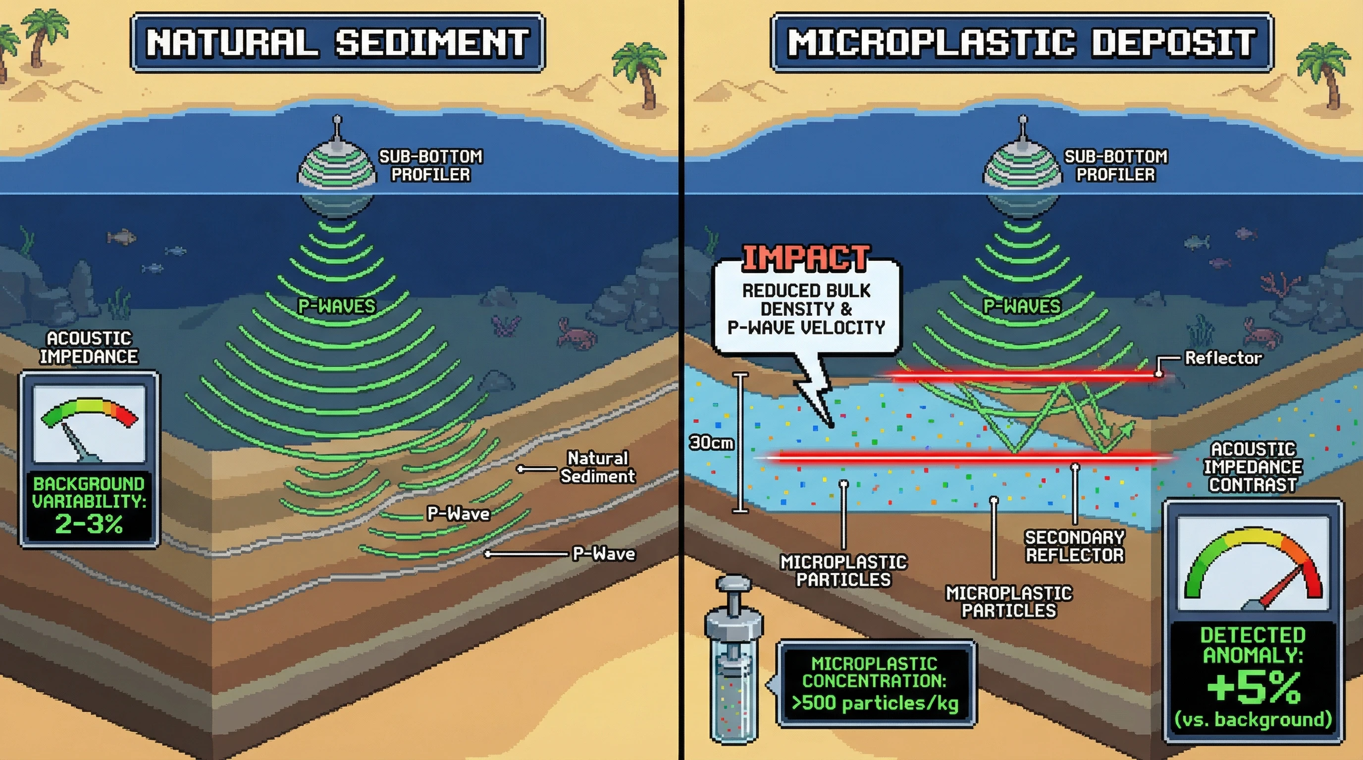Infographic for: Microplastic Sediment Layers Alter Seafloor Acoustic Impedance in Detectable Seismic Signatures