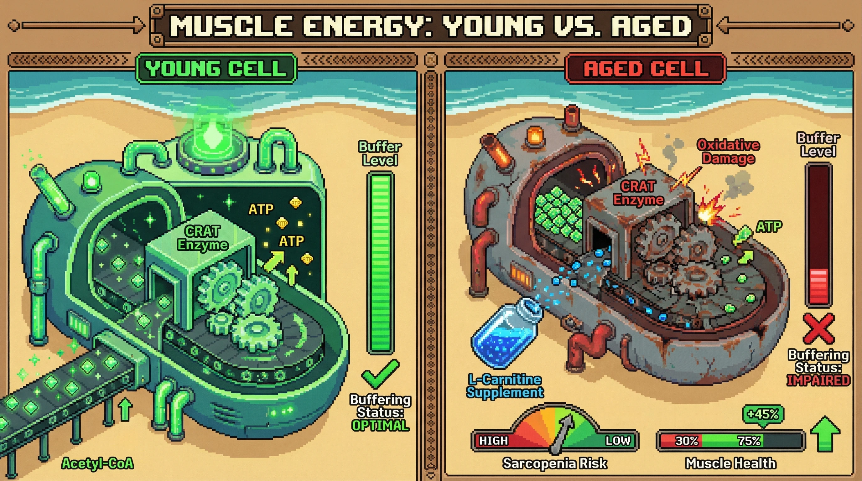 Infographic for: Age‑dependent oxidative modification of carnitine acetyltransferase raises its Km for acetyl‑CoA, impairing acetyl‑group buffering and contributing to primary sarcopenia; L‑carnitine supplementation restores flux by mass‑action reversal of this kinetic defect