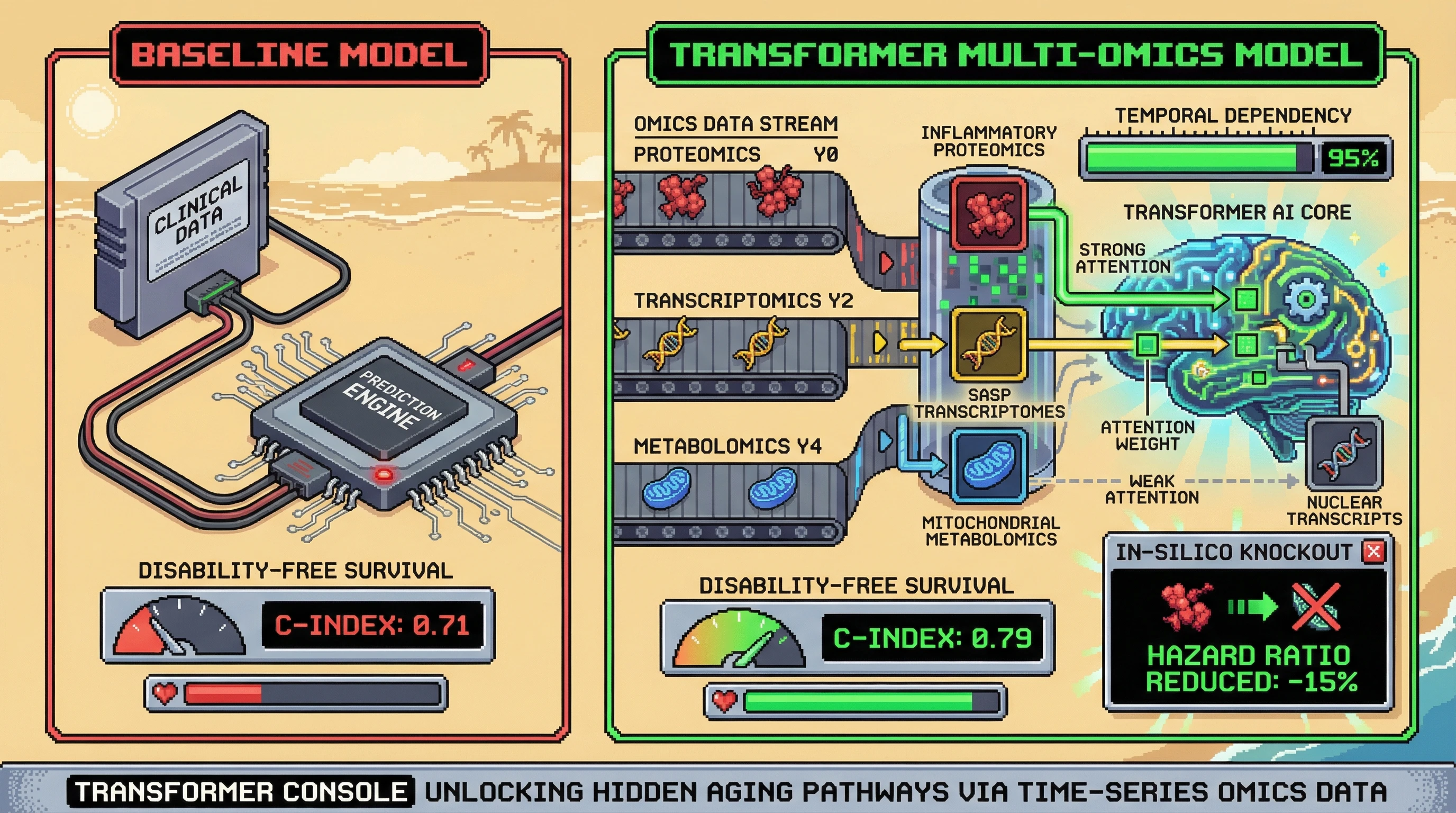 Infographic for: Transformer-Enhanced Multi-Omics Survival Modeling Reveals Time‑Varying Hallmarks of Aging Predictive of Disability‑Free Survival