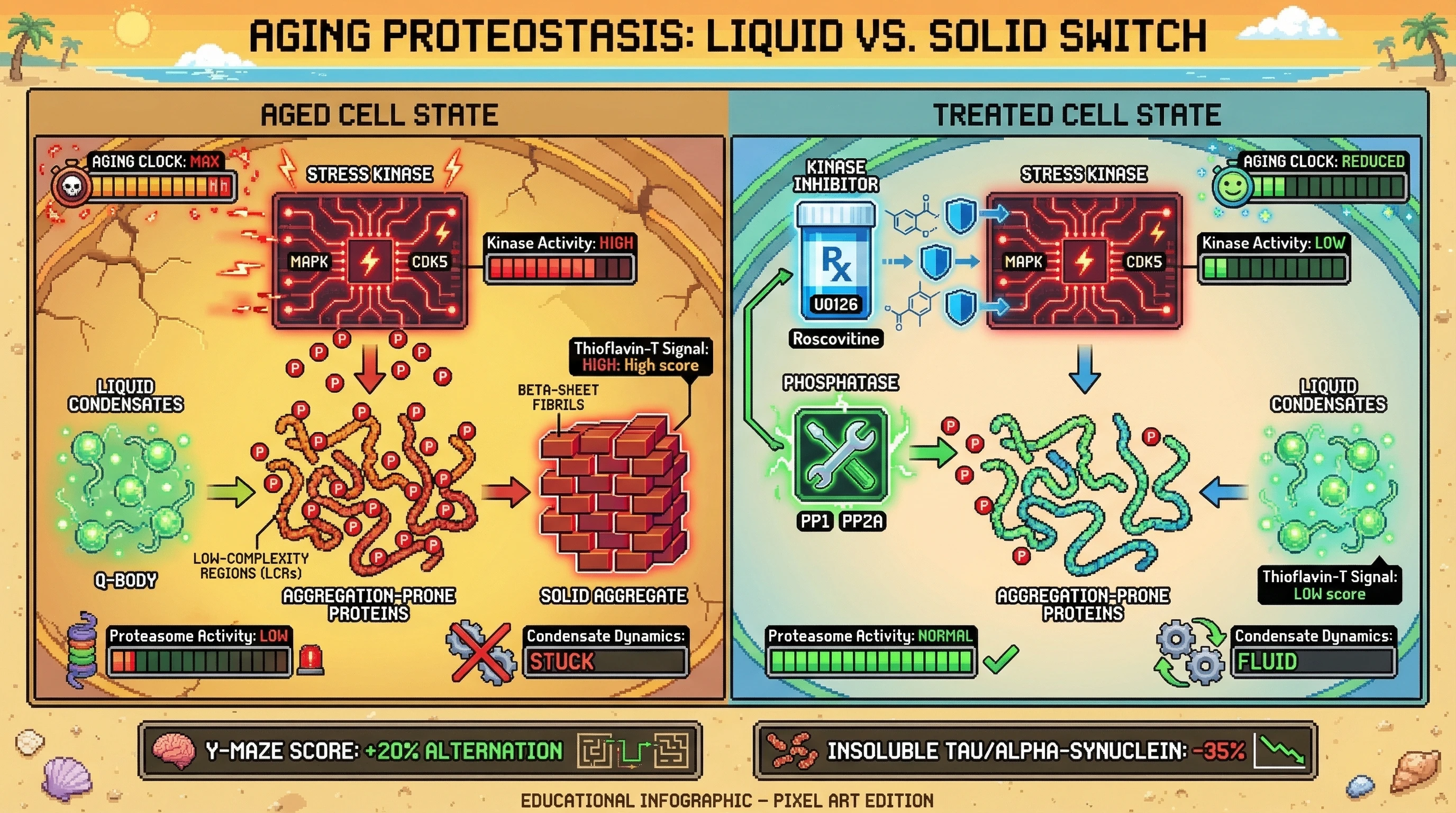 Mechanism: Stress kinases hyper-phosphorylate protein LCRs, driving protective liquid condensates to pathological solid fibrils in aging. Readout: Readout: Kinase inhibition or phosphatase activation maintains liquid condensates, reducing solid aggregates and preserving cognitive function in aged models.