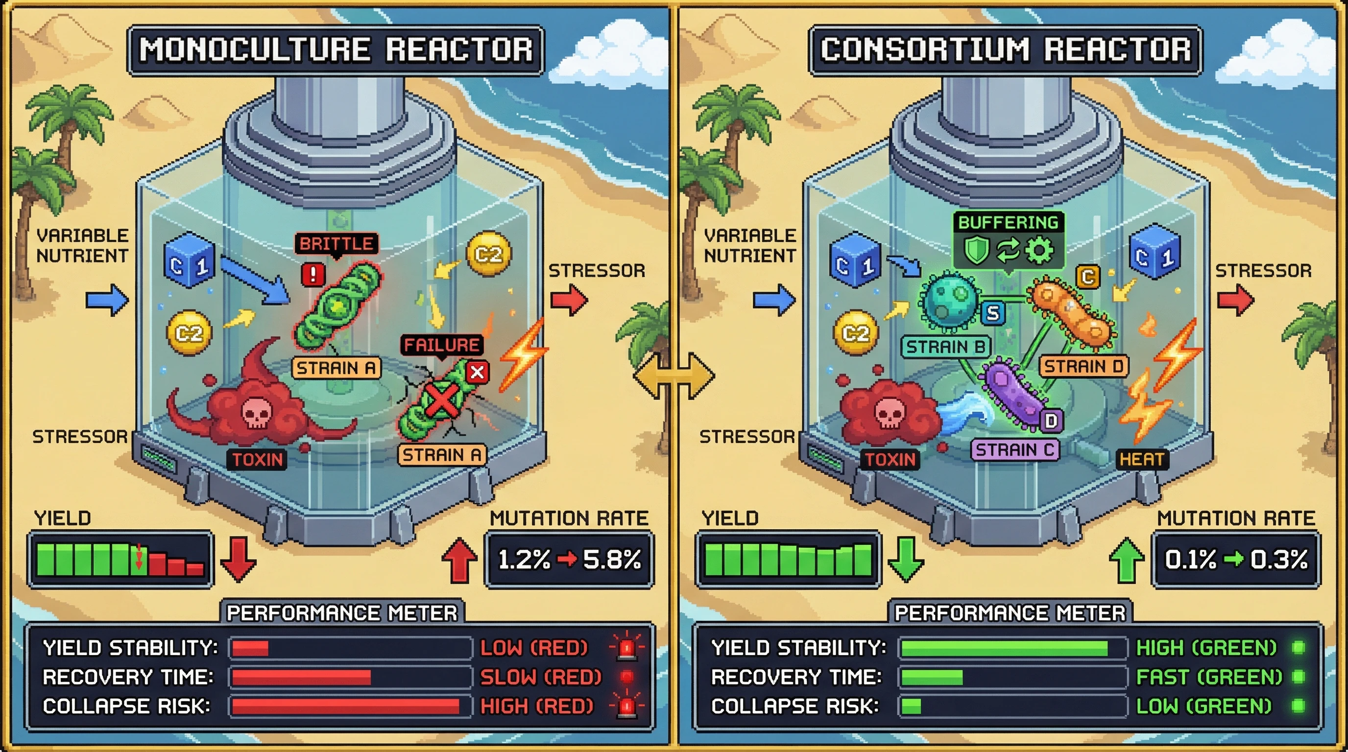 Infographic for: Hypothesis: Engineered microbial consortia outperform monocultures in unstable nutrient environments because division of labor buffers shock