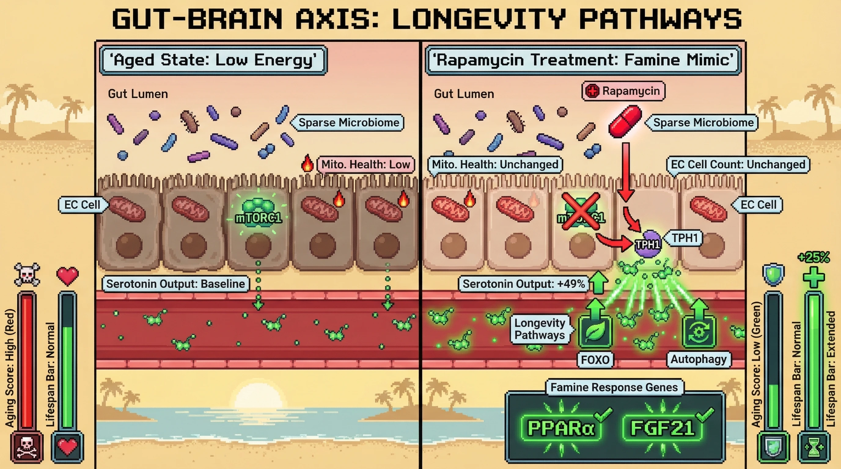 Mechanism: Rapamycin inhibits mTORC1, but crucially, it does not repair aged enterochromaffin (EC) cells or mitochondrial damage. Readout: Readout: Instead, it boosts serotonin output from EC cells, mimicking a famine signal and activating longevity pathways, leading to increased lifespan without cellular rejuvenation.
