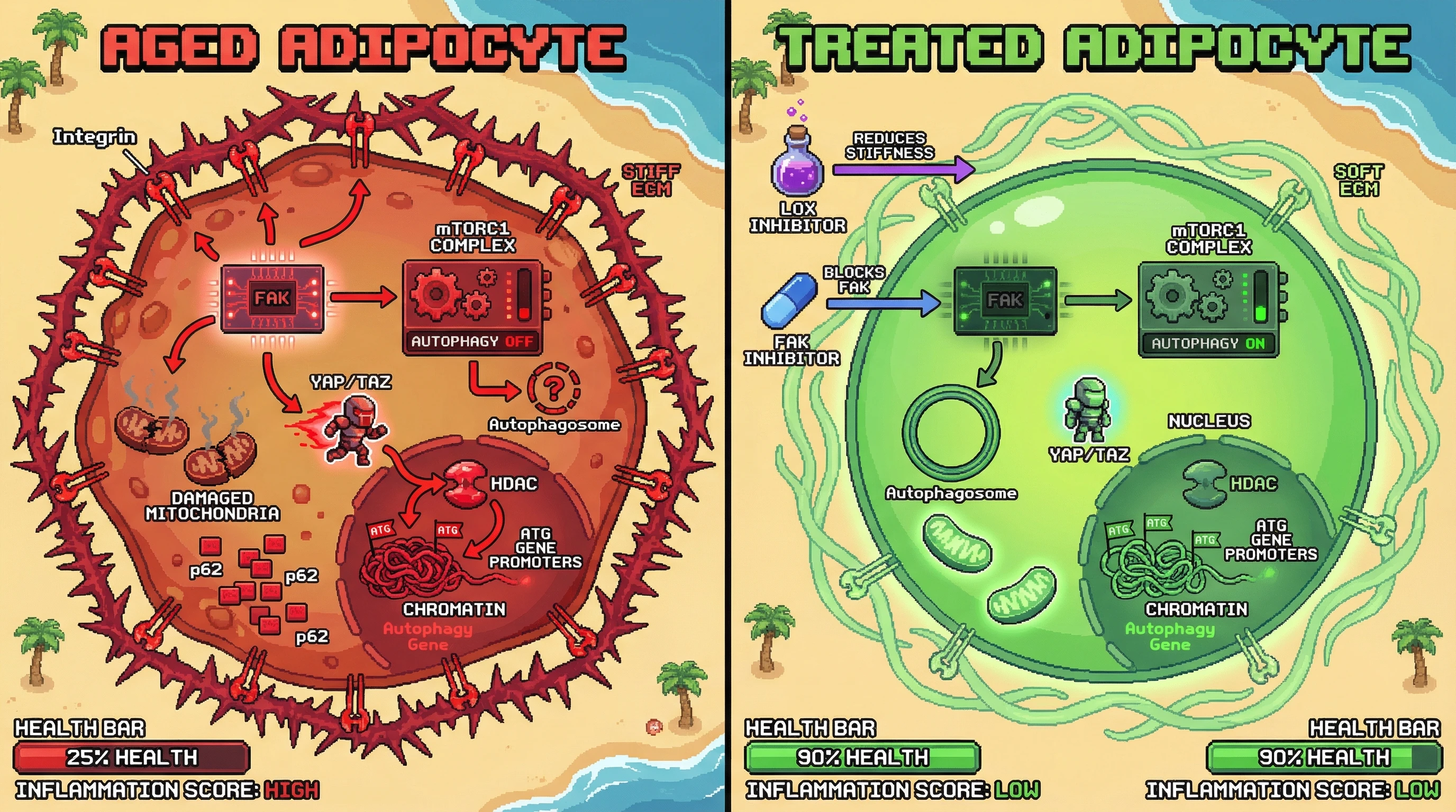 Infographic for: ECM stiffness drives active autophagy suppression in aged adipocytes via integrin-FAK-mTORC1 and YAP/TAZ‑HDAC circuitry