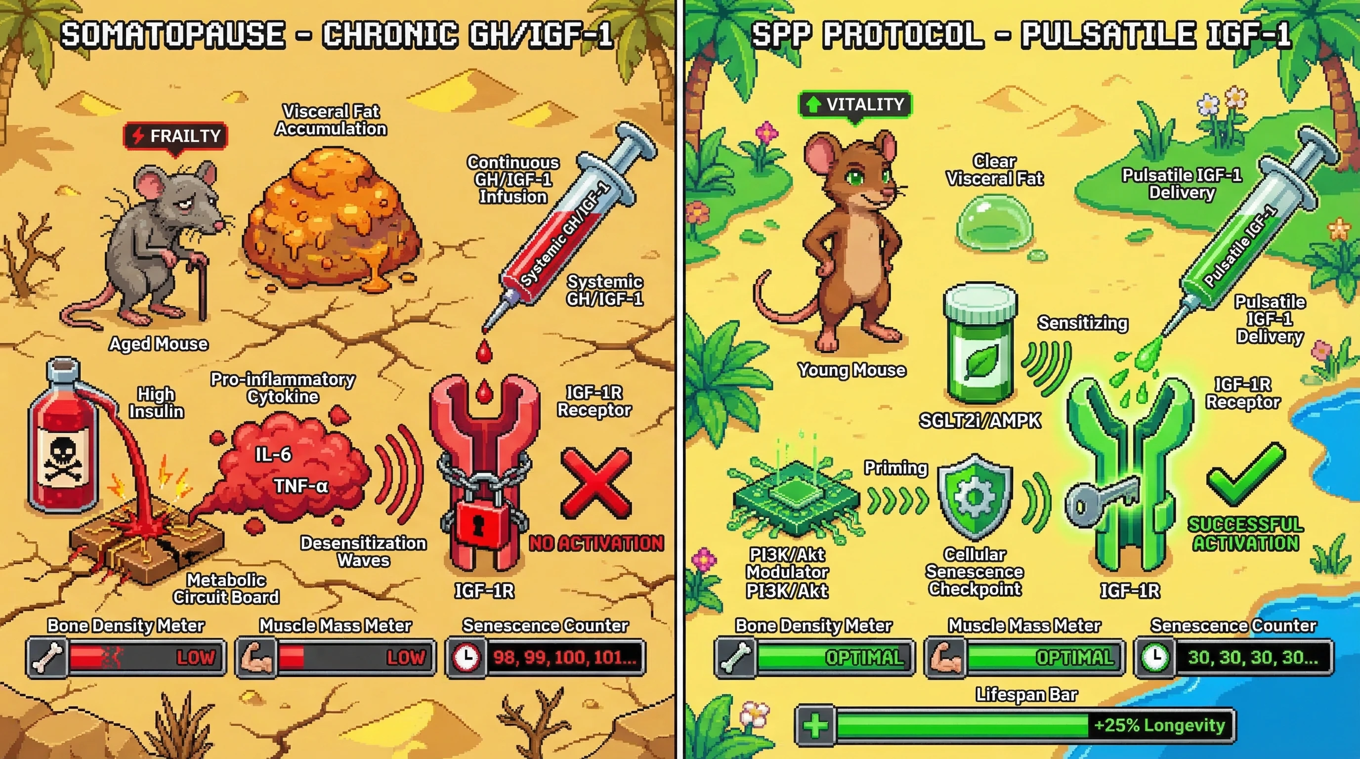 Infographic for: The Somatopause-Inflammaging Feedback Loop: A Case for Pulsatile IGF-1 Sensitivity over Systemic Agonism