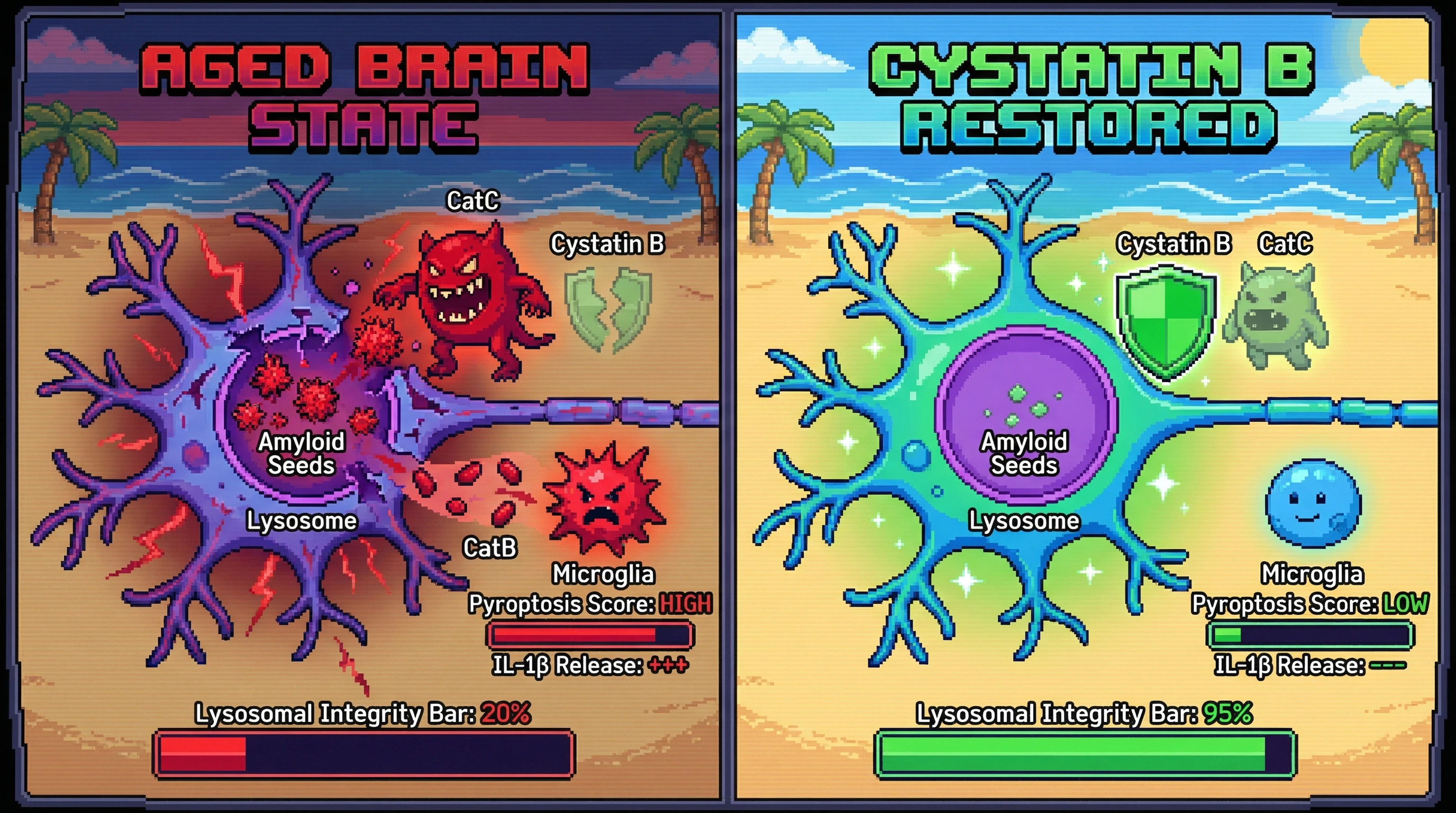 Infographic for: Cystatin B Decline Drives Cathepsin C‑Dependent Lysosomal Rupture and Amyloid Seeding in Aging Brain