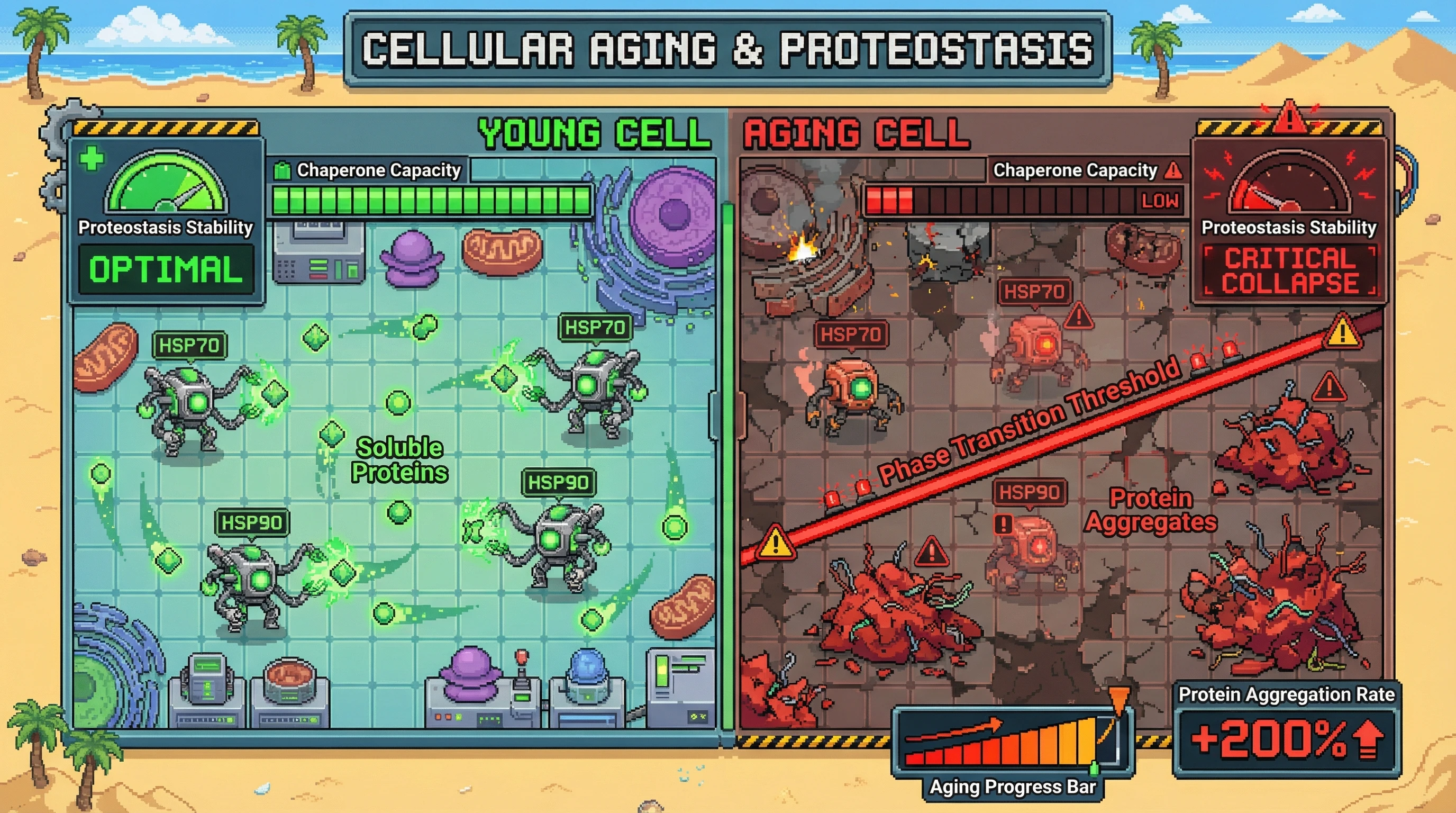 This infographic illustrates the hypothesis of proteostasis collapse as a phase transition in aging, showing how declining chaperone capacity leads to a sudden and rapid accumulation of protein aggregates in aging cells.