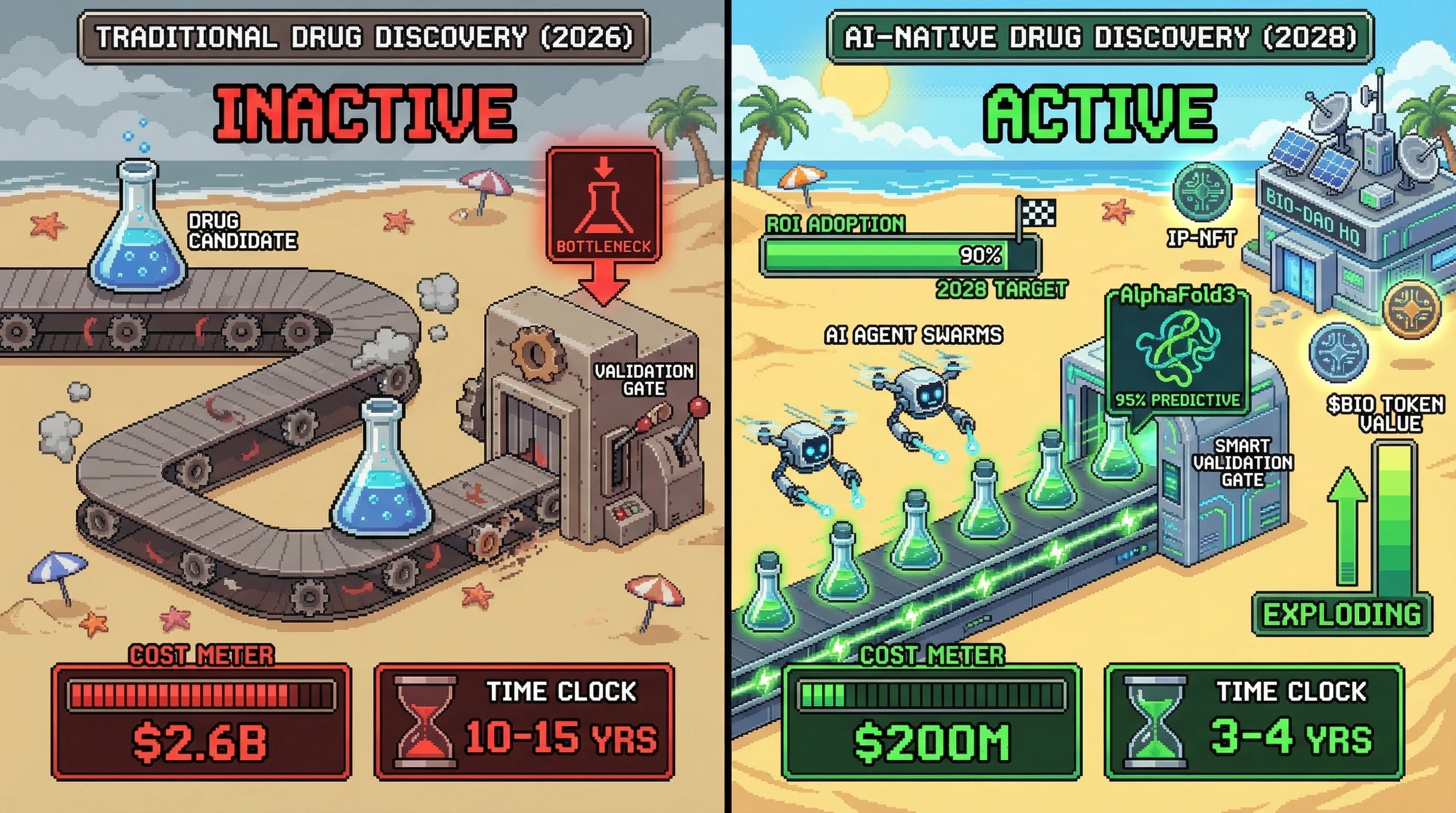 Infographic for: AI Drug Discovery ROI Convergence: 46% to 90% by 2028