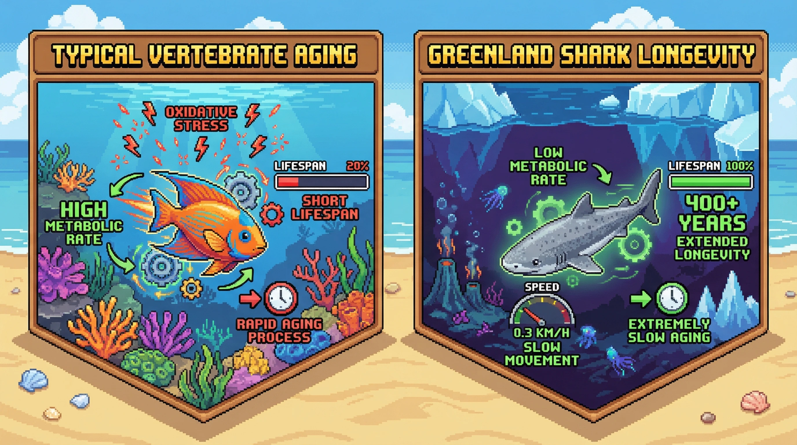 This infographic contrasts the high metabolic activity and oxidative stress associated with typical vertebrate aging against the Greenland shark's extreme longevity, which is attributed to an exceptionally low metabolic rate and slow pace of life.