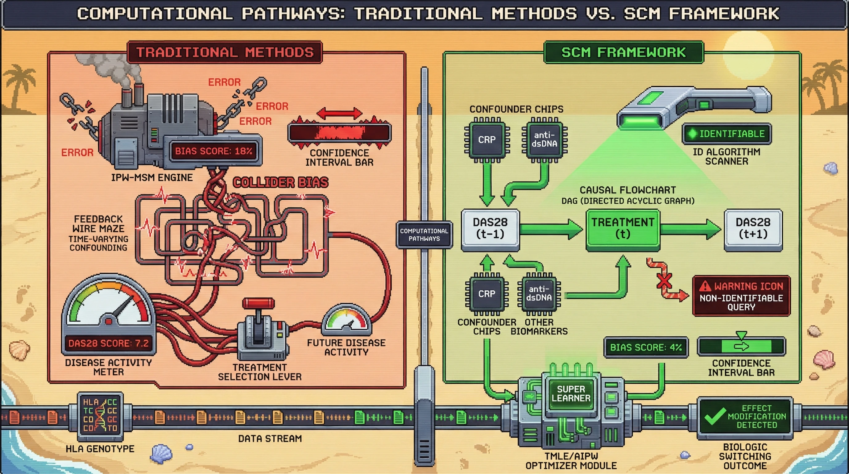 Mechanism: The SCM framework with the ID algorithm and TMLE explicitly models time-varying confounding in rheumatology, preventing collider bias and unstable estimates. Readout: Readout: This approach yields lower bias and tighter confidence intervals, identifies non-identifiable causal queries, and reveals effect modification by HLA genotype on biologic outcomes.