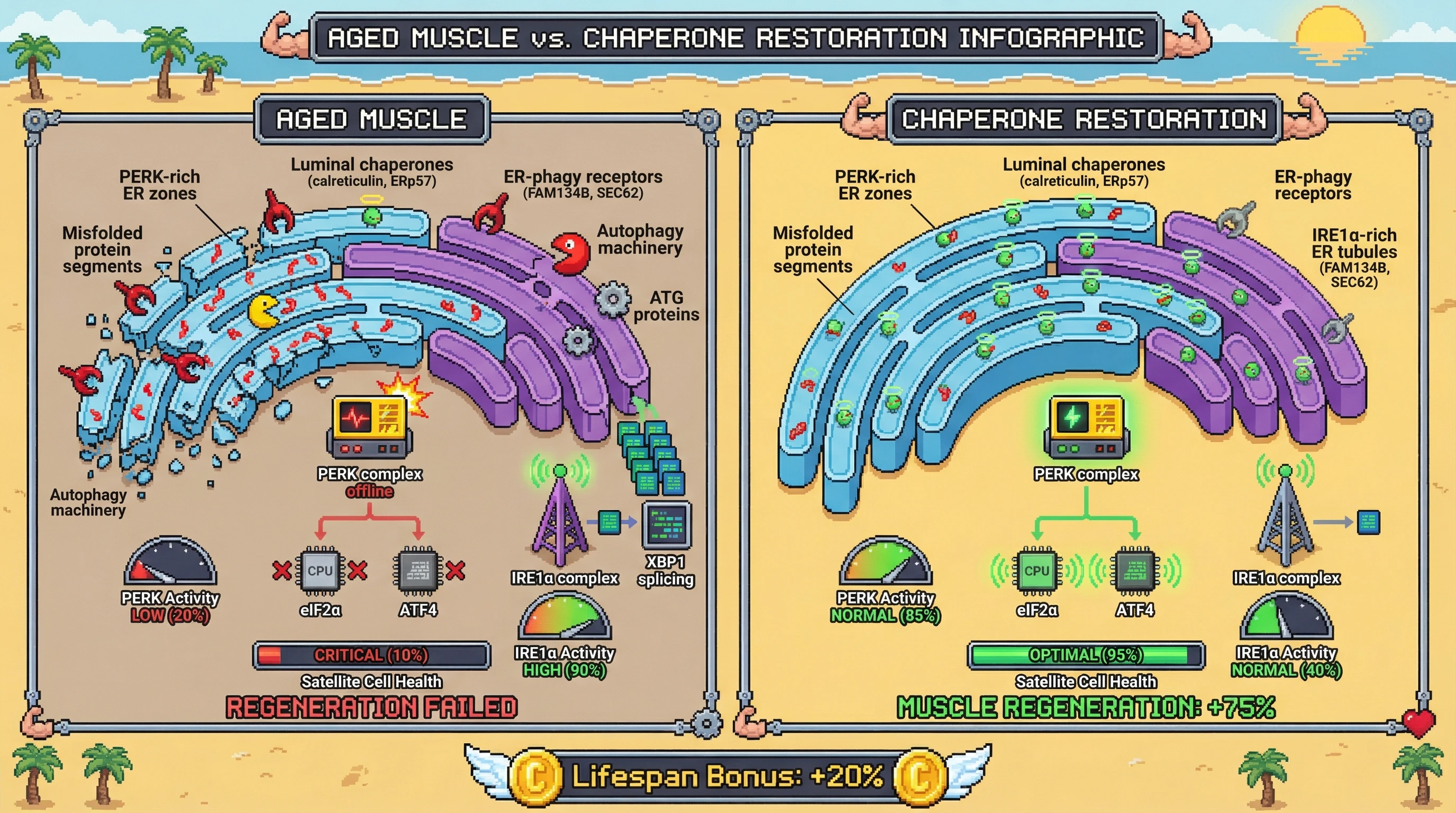 Mechanism: Age-related chaperone loss triggers selective ER-phagy, dismantling PERK-competent ER and shifting UPR signaling towards chronic IRE1α. Readout: Readout: Chaperone restoration inhibits ER-phagy, reactivates PERK, reduces IRE1α activity, and boosts muscle regeneration by 75% alongside a 20% lifespan bonus.