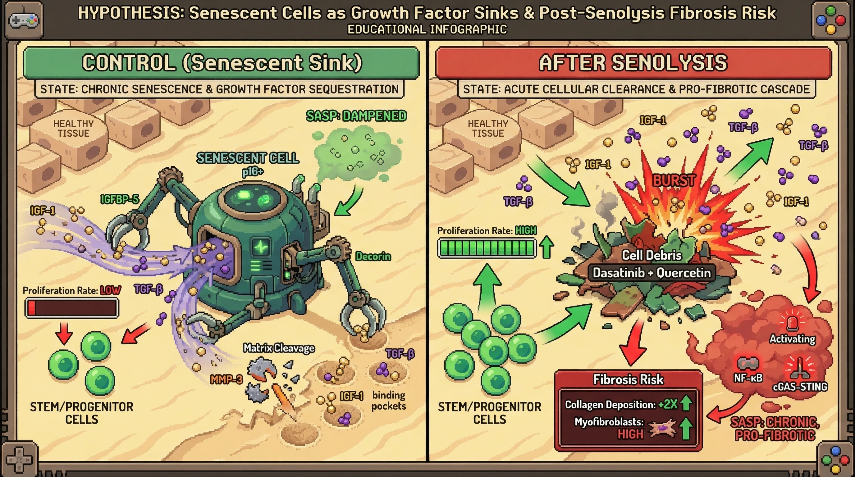 Mechanism: Senescent cells act as a 'sink' by sequestering growth factors like IGF-1 and TGF-β, which restrains neighboring stem cell proliferation. Readout: Readout: Senolytic removal of these cells releases a burst of growth factors, leading to increased stem cell proliferation, a +2X increase in collagen deposition, and high myofibroblast accumulation.