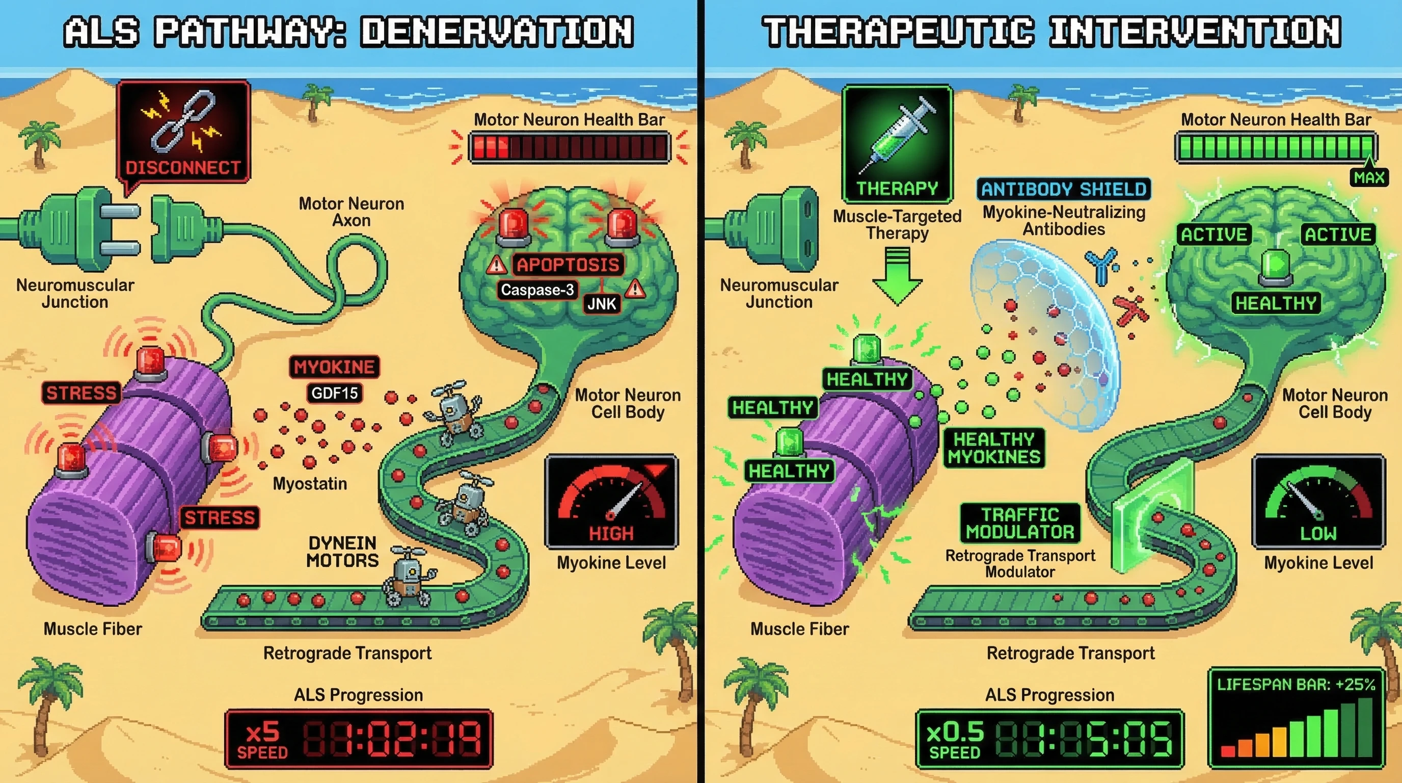 Mechanism: Denervated muscle fibers secrete stress myokines which are retrogradely transported to motor neurons, triggering apoptosis. Readout: Readout: Therapeutic interventions block this pathway, reducing myokine levels, increasing motor neuron health, and extending lifespan by 25%.