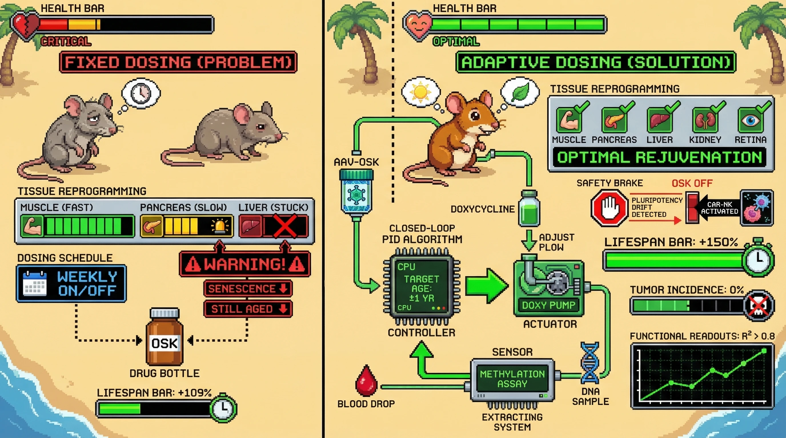 Infographic for: Adaptive OSK Dosing Guided by Tissue-Specific Methylation Clock Feedback Prevents Over-Reprogramming and Enhances Rejuvenation