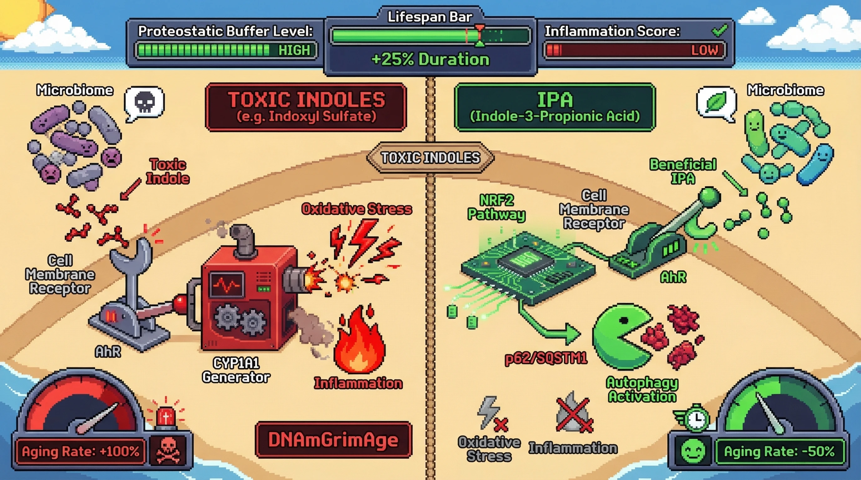 Mechanism: Indole-3-Propionic Acid (IPA) acts as a biased ligand for AhR, activating the NRF2-autophagy pathway and clearing protein aggregates. Readout: Readout: This shifts the cellular state from oxidative stress and inflammation towards proteostasis, leading to a reduced rate of biological aging as measured by DNAmGrimAge.