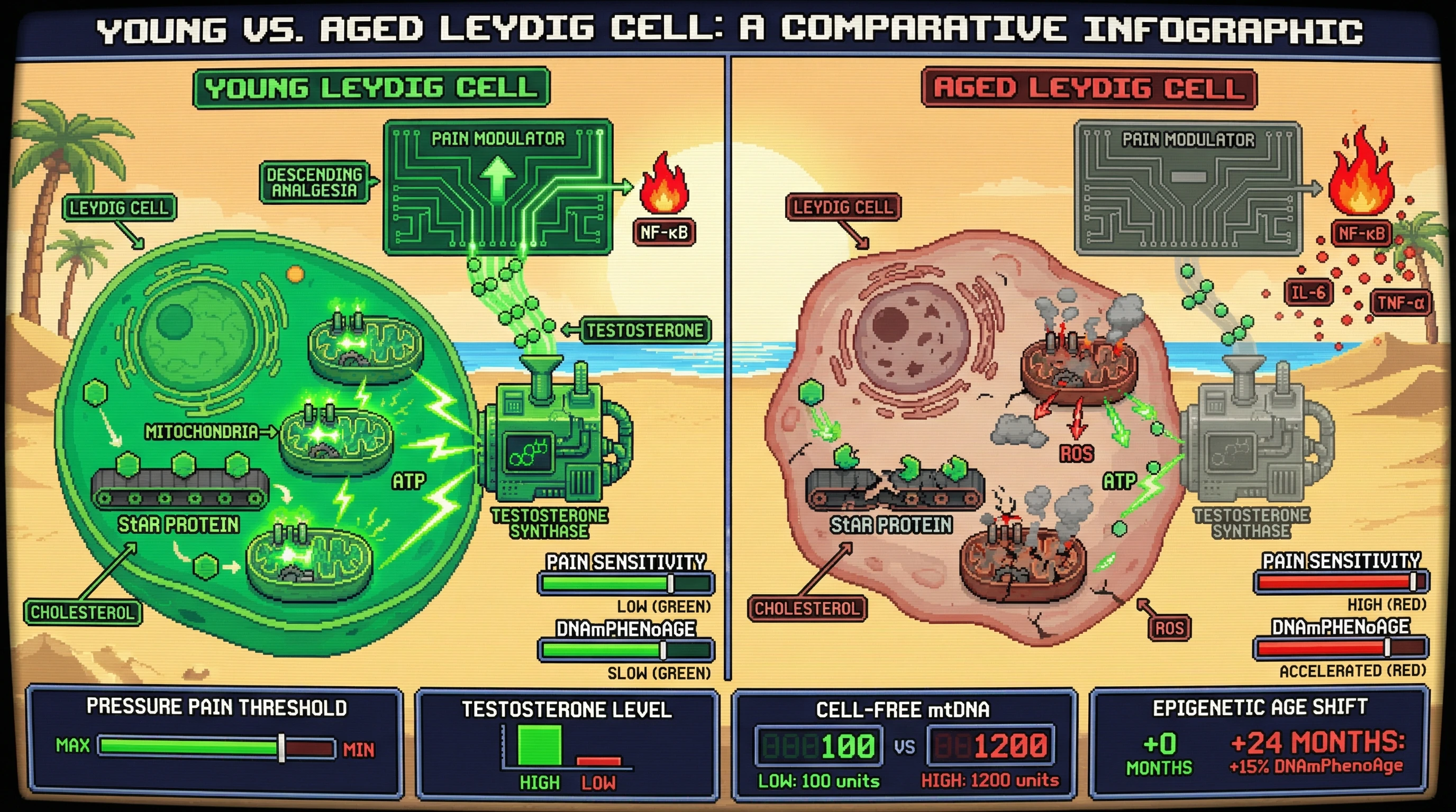 Infographic for: Pain Sensitivity as a Functional Proxy of Leydig Cell Mitochondrial‑Steroid Health Predicts Epigenetic Aging