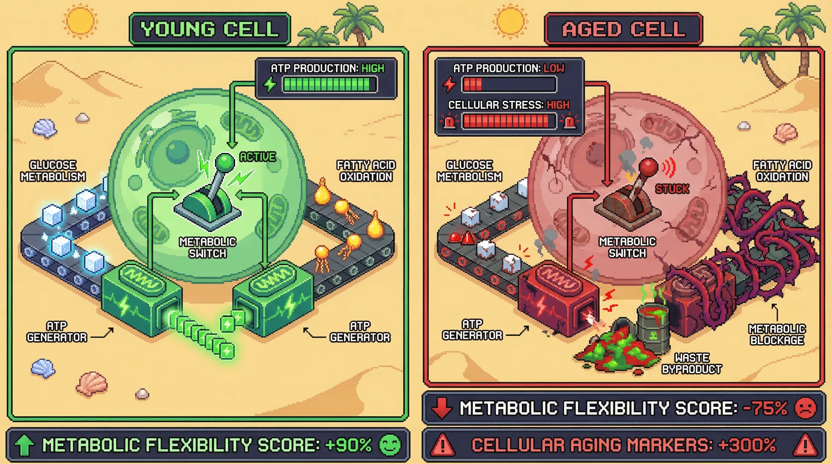 Mechanism: Young cells maintain high metabolic flexibility, efficiently switching between glucose and fatty acid metabolism for energy. Readout: Readout: Aged cells lose this flexibility, resulting in significantly reduced metabolic flexibility scores and increased cellular aging markers.