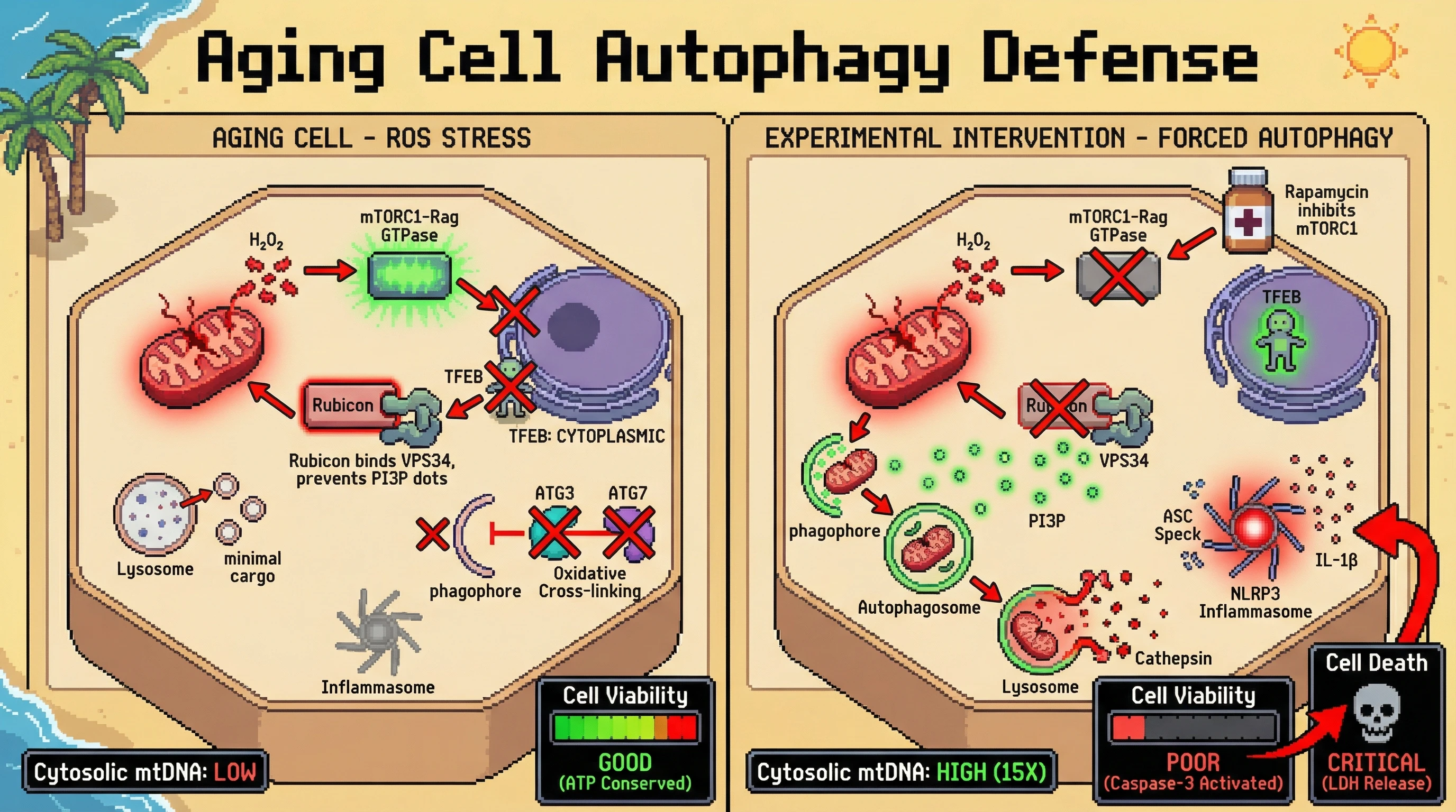 Mechanism: Aging cells suppress autophagy via mTORC1-TFEB inhibition and Rubicon-VPS34 blockade in response to mitochondrial ROS, preventing the release of toxic mitochondrial components. Readout: Readout: Forced autophagy in ROS-stressed aged cells leads to increased cytosolic mtDNA, activated inflammasomes, and a critical increase in cell death markers like Caspase-3 and LDH.