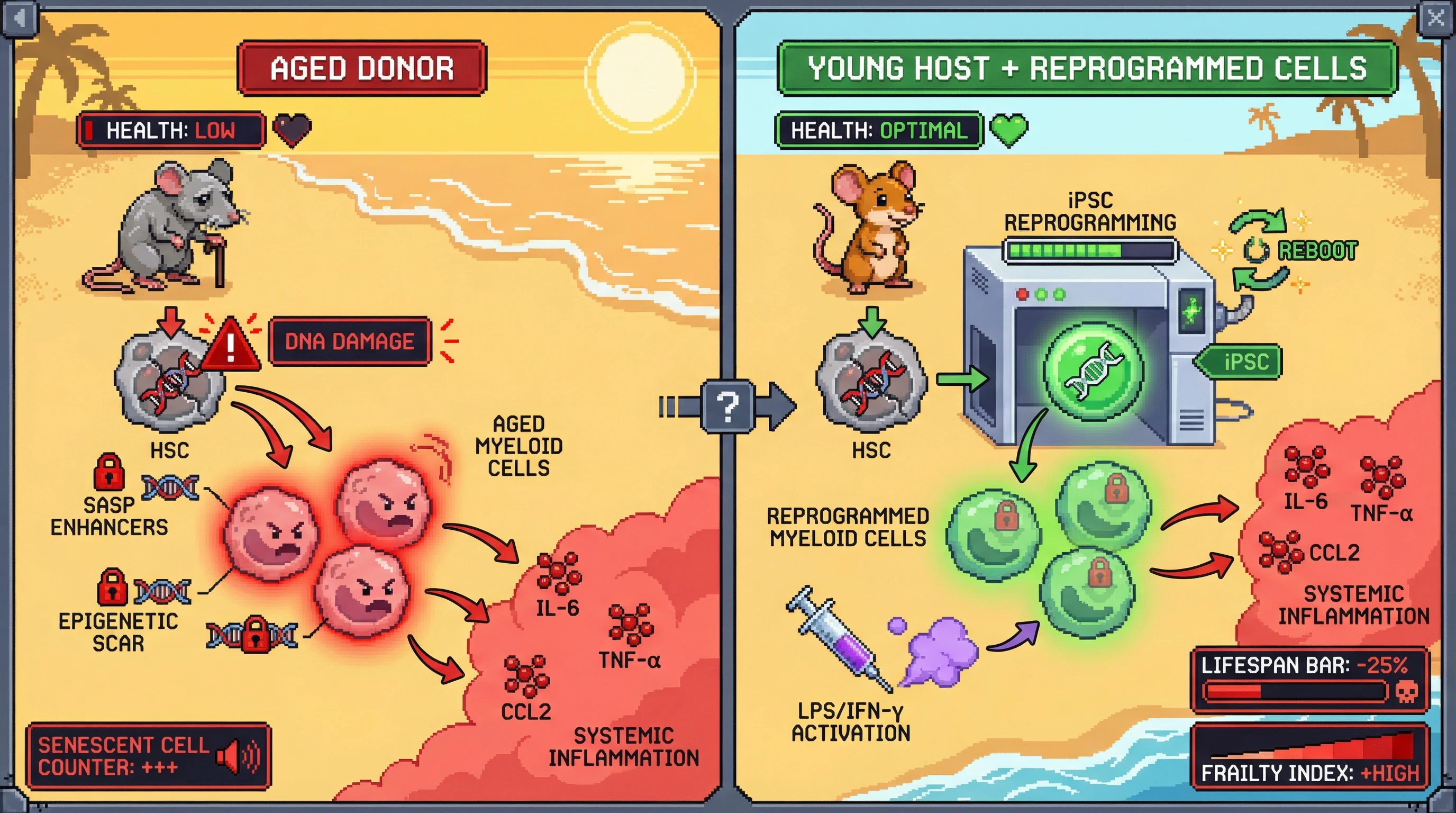 Mechanism: Reprogrammed immune cells derived from aged donors retain an 'epigenetic scar' at SASP loci, causing them to re-express pro-inflammatory factors upon immune activation. Readout: Readout: This leads to systemic inflammation, accelerated tissue senescence, and reduced lifespan in young host mice, mirroring the effects of aged immune transplants.