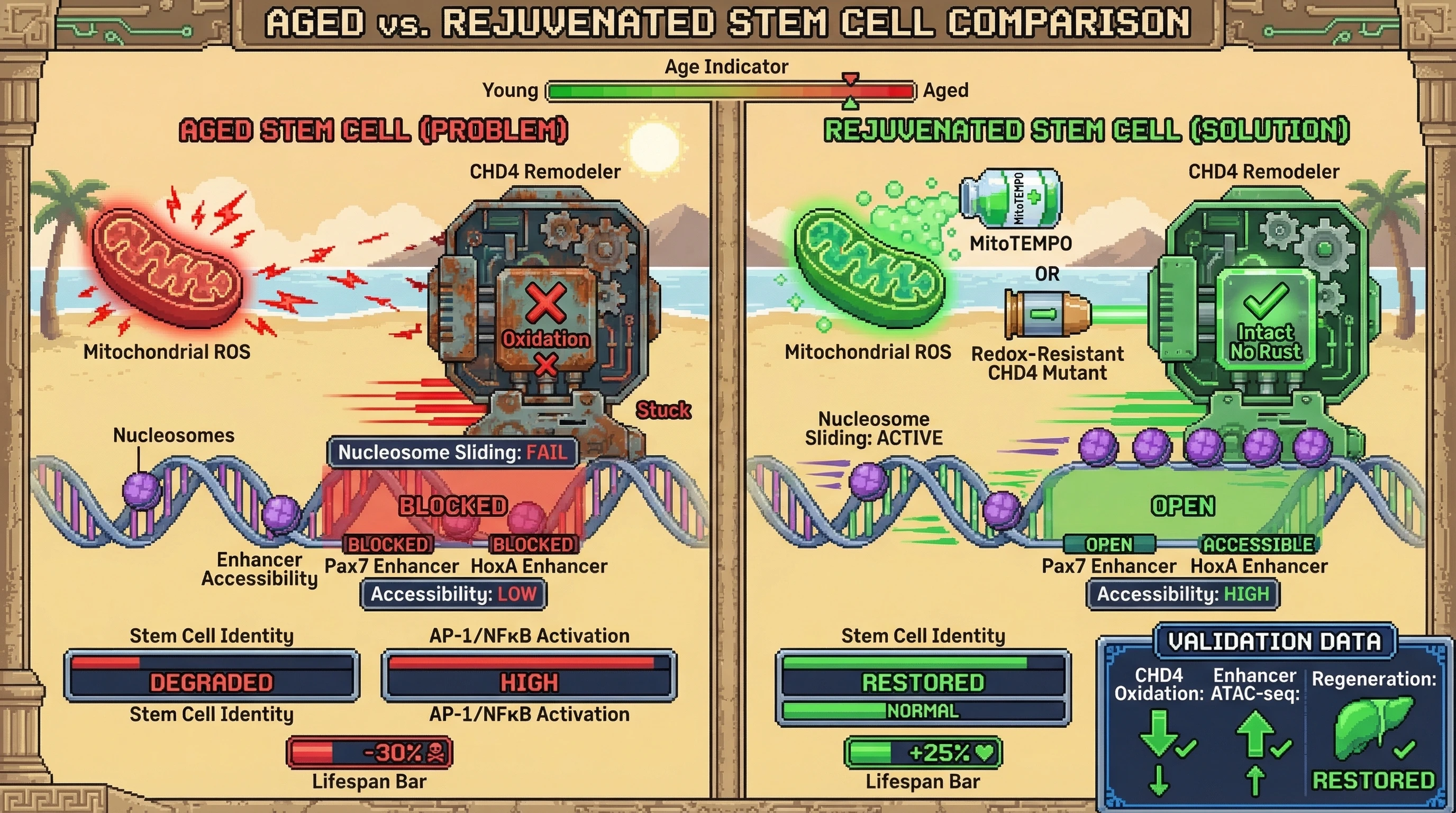 Mechanism: Mitochondrial ROS oxidizes the CHD4 remodeler's ATPase domain, impairing nucleosome sliding and blocking stem cell enhancer accessibility. Readout: Readout: This leads to loss of stem cell identity and increased AP-1/NFκB activation, which is reversed by redox-resistant CHD4 or MitoTEMPO, restoring enhancer accessibility and regeneration.