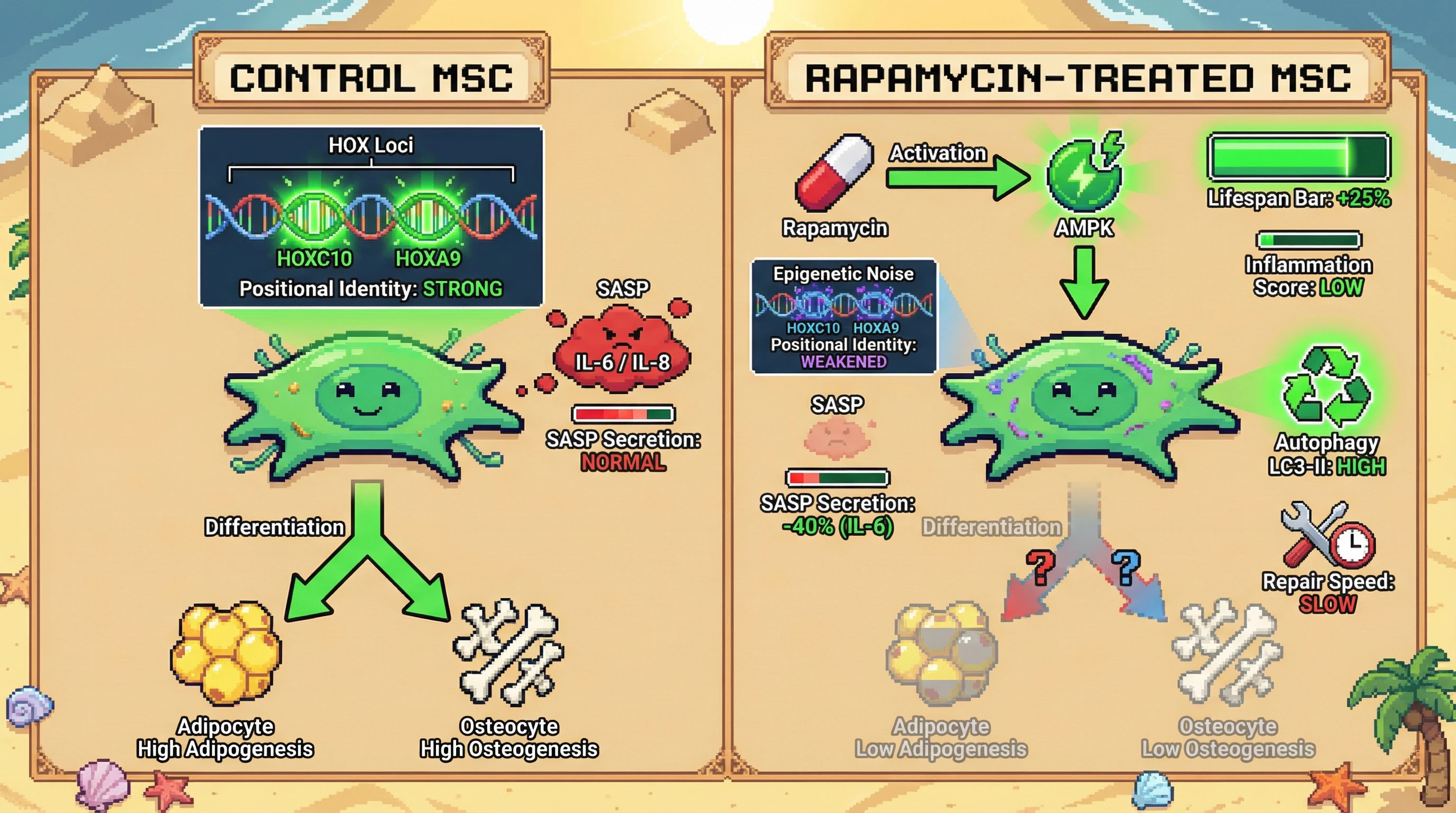 Infographic for: Rapamycin-induced AMPK activation erodes HOX positional memory in mesenchymal stem cells, trading regenerative fidelity for stress tolerance