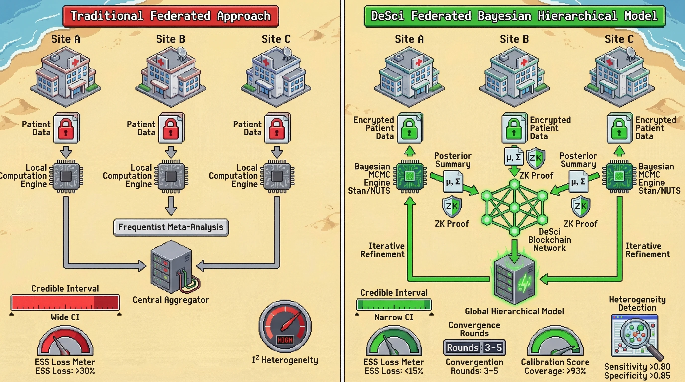 Mechanism: Federated Bayesian hierarchical models use local Bayesian computation and share only posterior summaries via a DeSci blockchain, allowing a global model to iteratively refine estimates while accommodating site heterogeneity. Readout: Readout: This approach yields narrower credible intervals, less effective sample size loss, and better calibration than traditional methods, converging within 3-5 rounds.