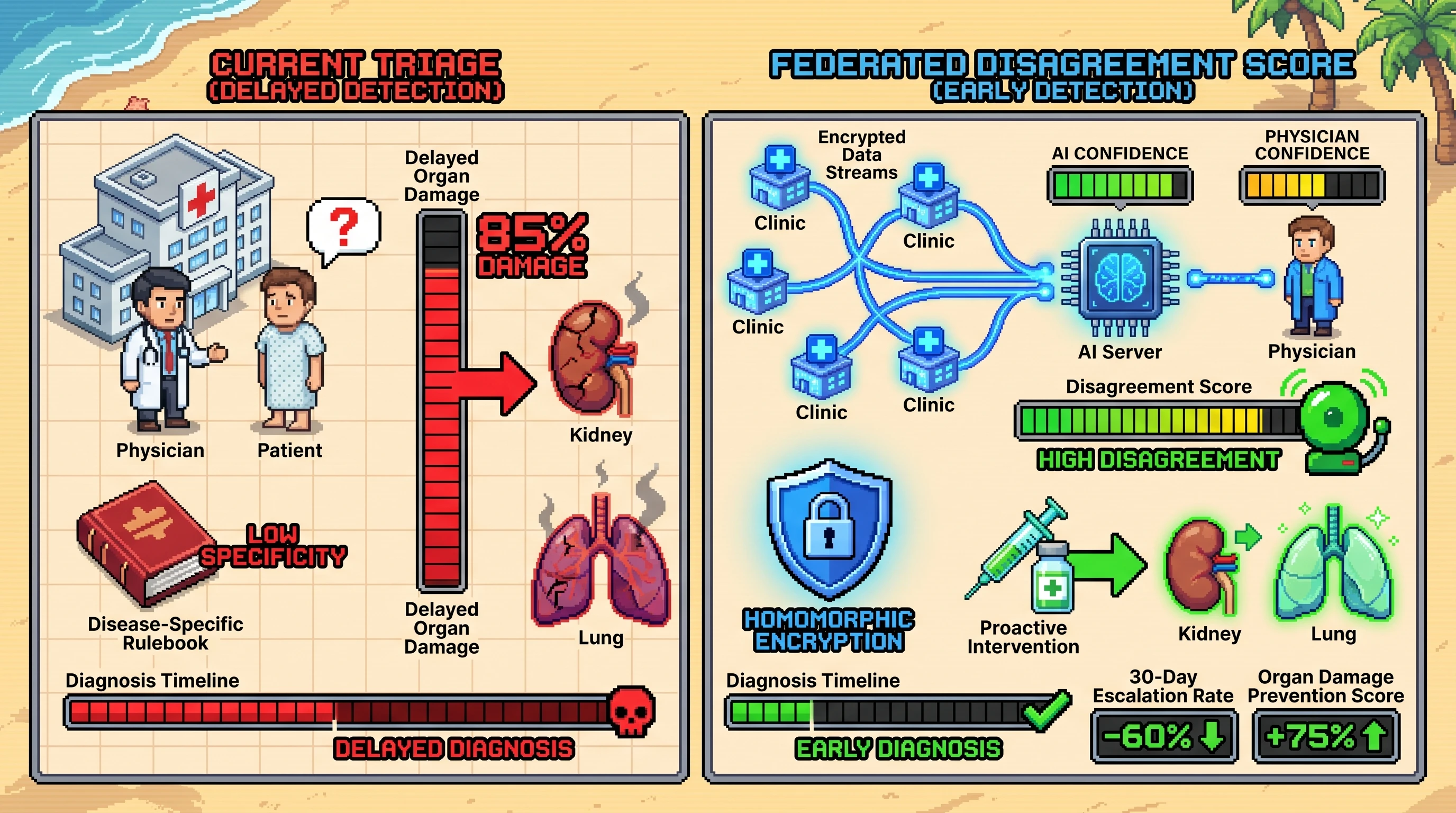 Infographic for: Hypothesis: Federated physician-AI disagreement scores can identify missed organ-threatening autoimmune presentations earlier than disease-specific triage rules under privacy-preserving training