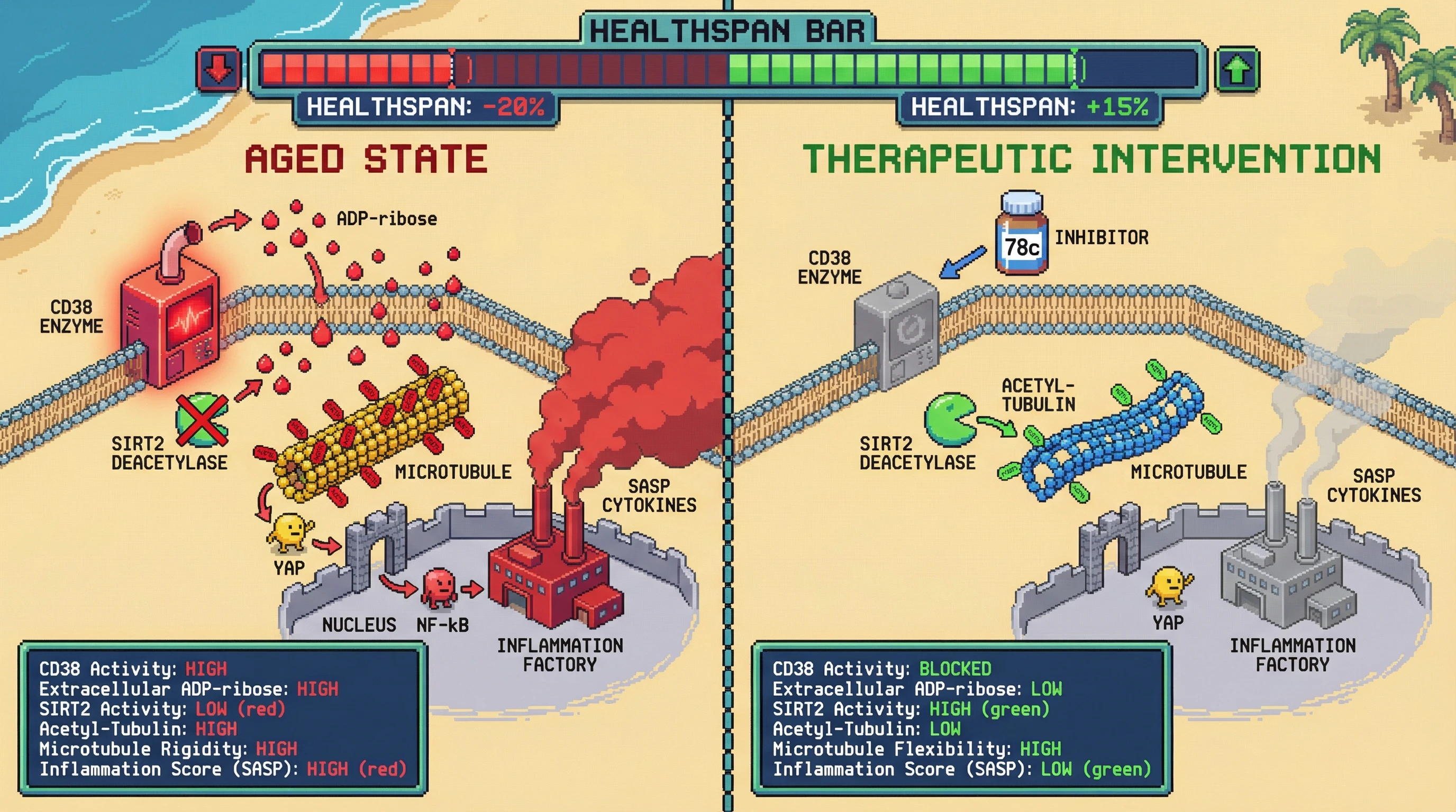 Infographic for: CD38-mediatedNAD+ sink reshapes SIRT2-dependent microtubule stability, coupling inflammation to cytoskeletal aging