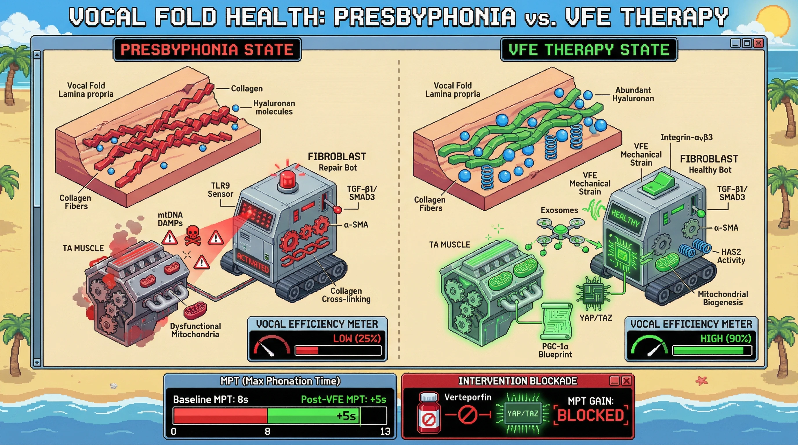 Mechanism: Voice Function Exercises (VFE) activate fibroblast YAP/TAZ, leading to PGC-1α exosome transfer to muscle, restoring mitochondrial function and reducing DAMP-mediated fibrosis. Readout: Readout: This reverses ECM stiffening, increasing vocal efficiency and improving Maximum Phonation Time (MPT) by 5 seconds.