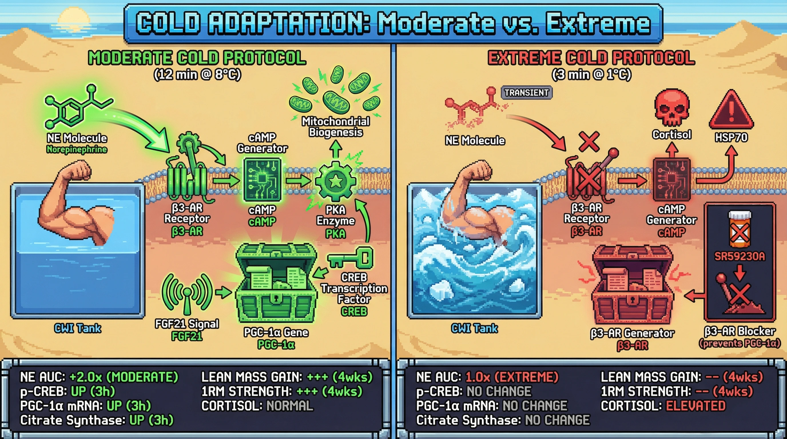 Infographic for: Hypothesis: Sustained moderate cold exposure enhances muscle adaptations via prolonged norepinephrine‑driven cAMP‑CREB‑PGC‑1α signaling