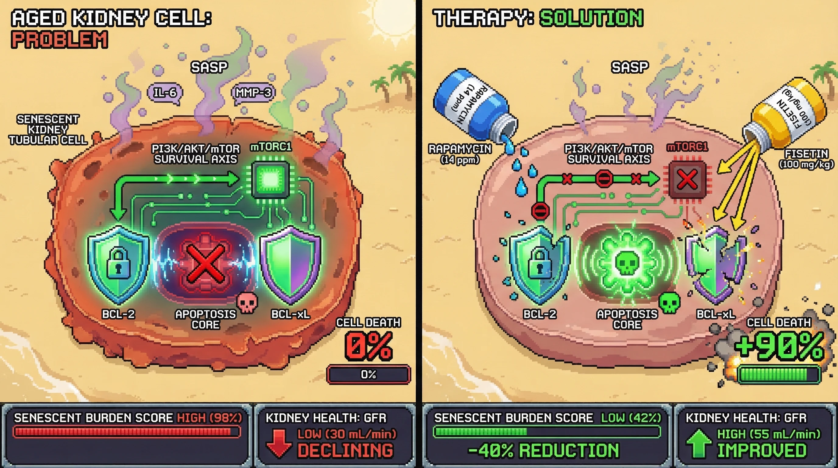 Infographic for: Chronic rapamycin lowers the apoptotic threshold in mTOR-hyperactivated senescent kidney tubular cells while simultan...