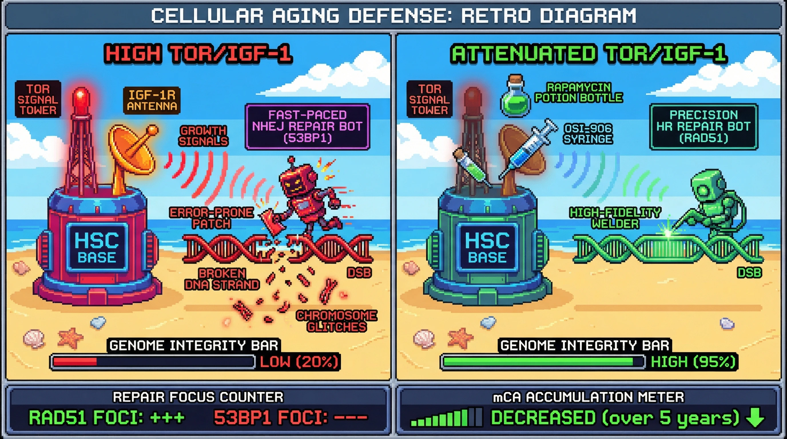 Infographic for: Attenuated TOR/IGF-1 signaling enhances homologous recombination repair in hematopoietic stem cells to lower mosaic chromosomal alteration rates