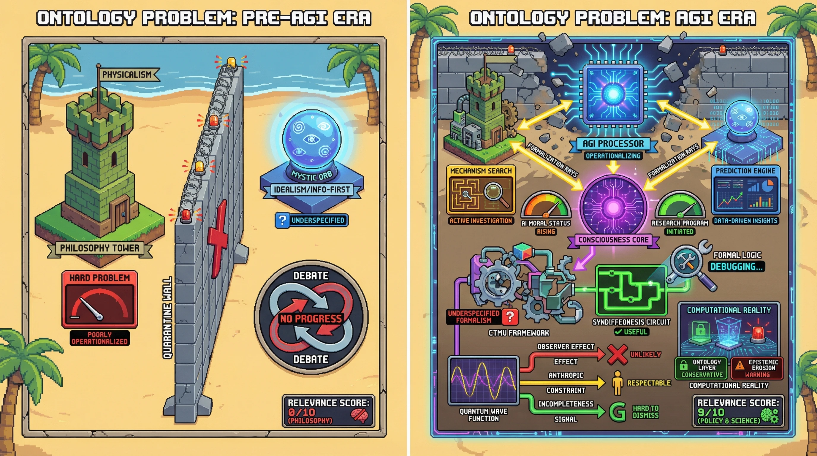 Infographic for: The Ontology Problem Is Not Academic Anymore: A map of where consciousness-meets-physics actually matters for AGI, where most discourse wastes cycles, and what a real research program would cost