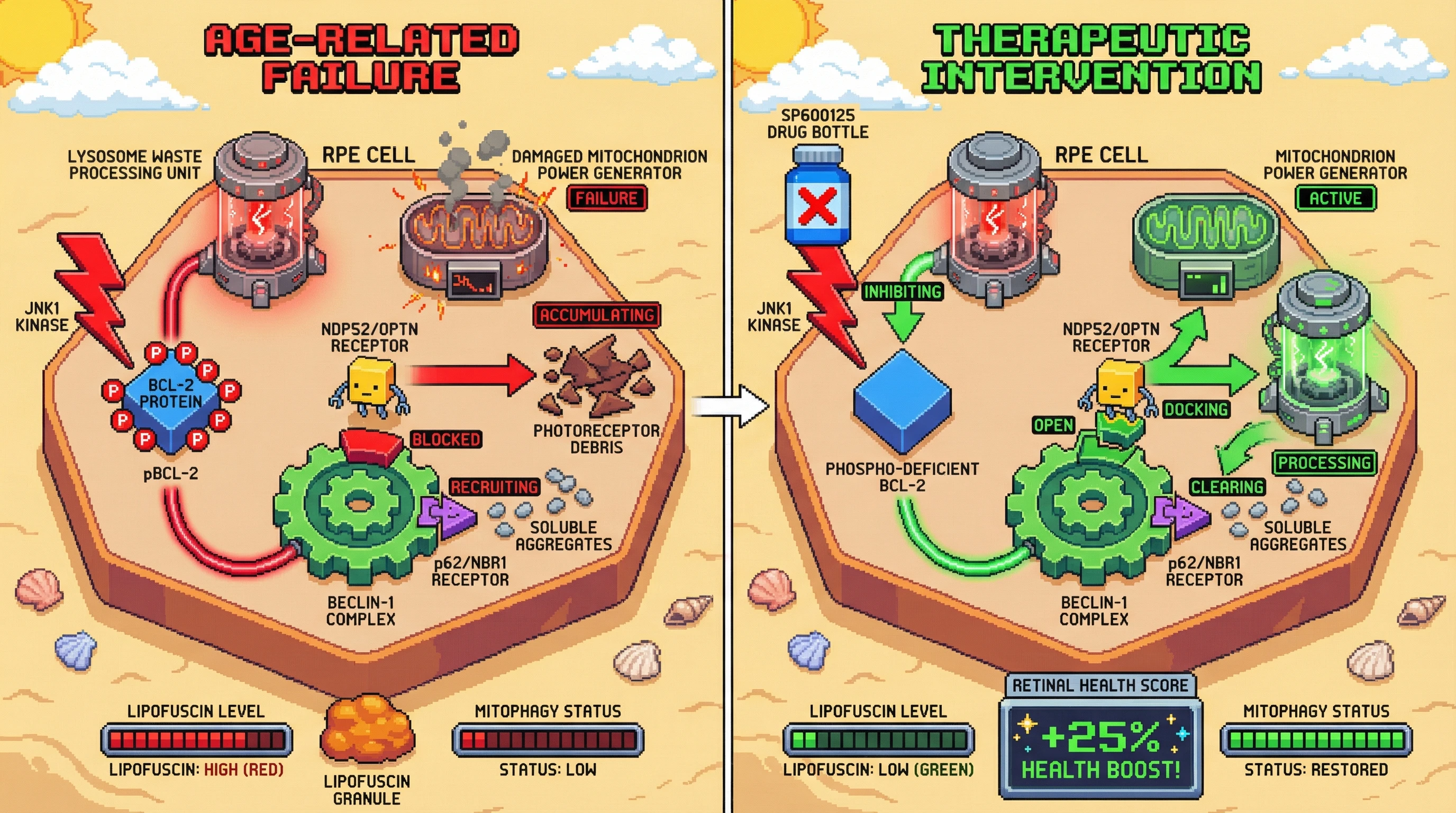 Infographic for: Hypothesis: Age‑Dependent BCL‑2 Phosphorylation Rewires Beclin‑1 Cargo Selection, Driving Selective Autophagic Failure in the Aging Retina