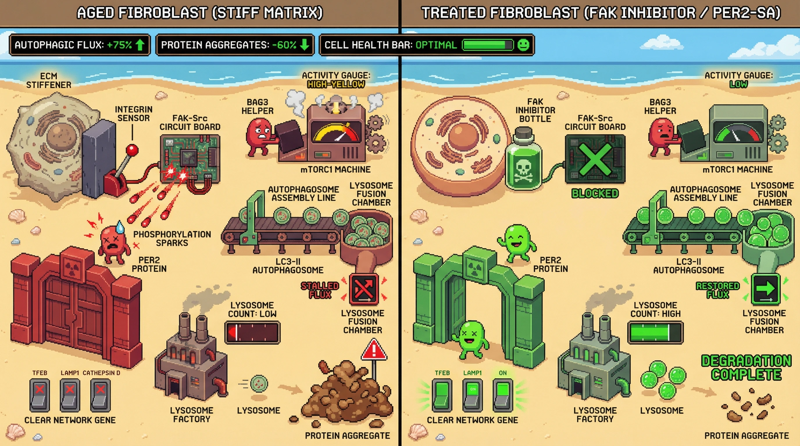Infographic for: PER2‑mediated transcriptional suppression of autophagy is potentiated by chronic integrin‑FAK signaling in aged fibroblasts