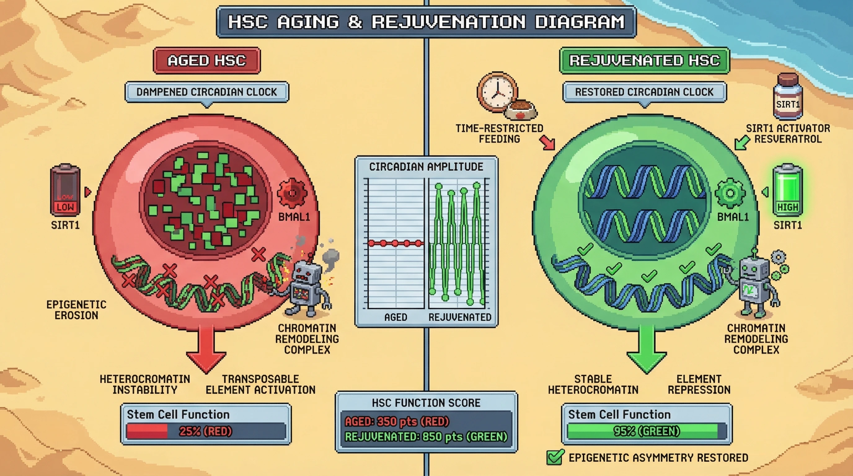 Mechanism: Age-related decline in circadian amplitude leads to disorganized chromatin remodeling and epigenetic erosion in stem cells. Readout: Readout: Restoring circadian amplitude via SIRT1 activation or time-restricted feeding improves chromatin organization and stem cell function, increasing the HSC function score.