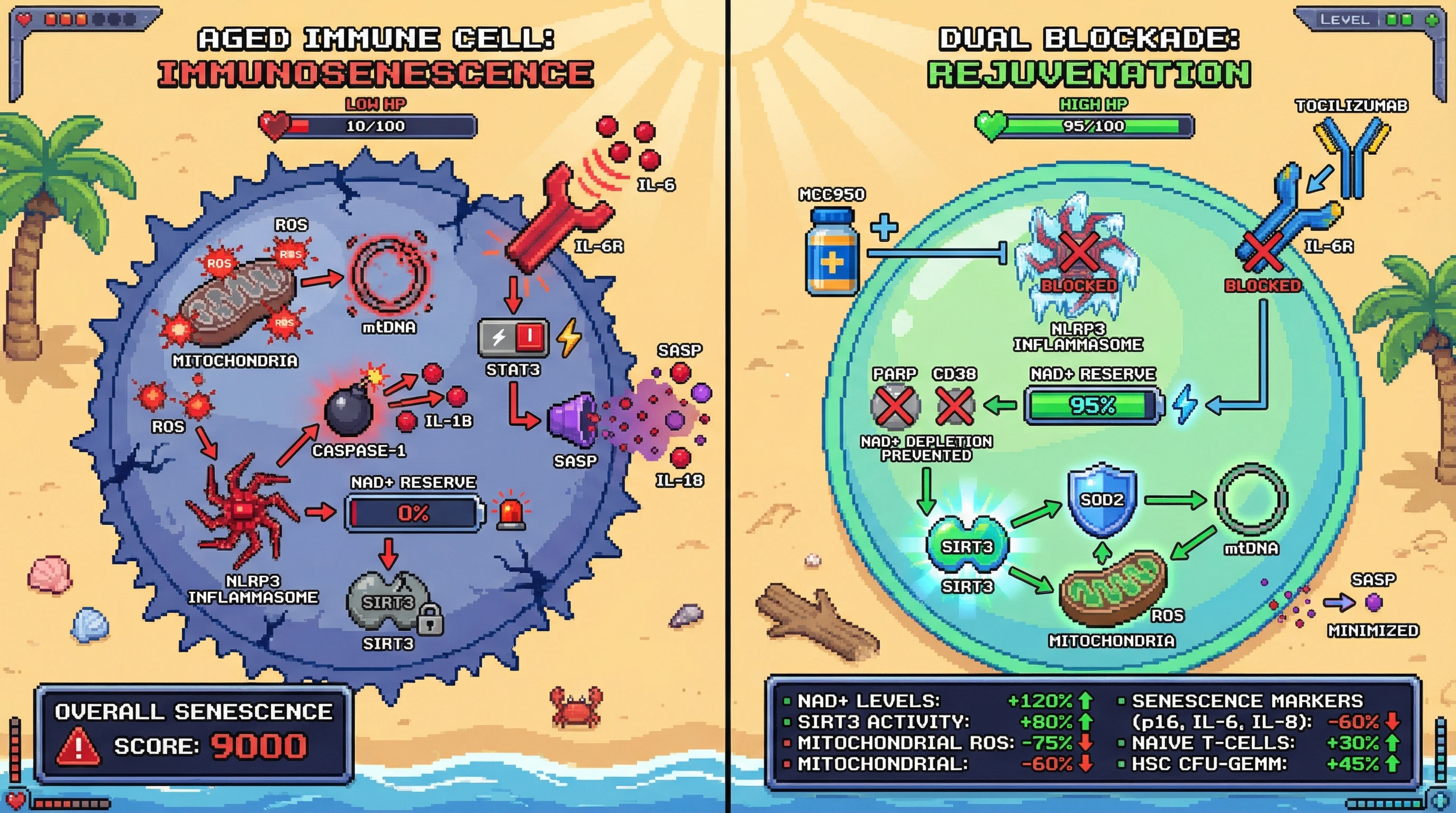 Infographic for: Dual NLRP3 and IL-6R blockade restores NAD+–dependent mitochondrial fitness to reverse human immunosenescence