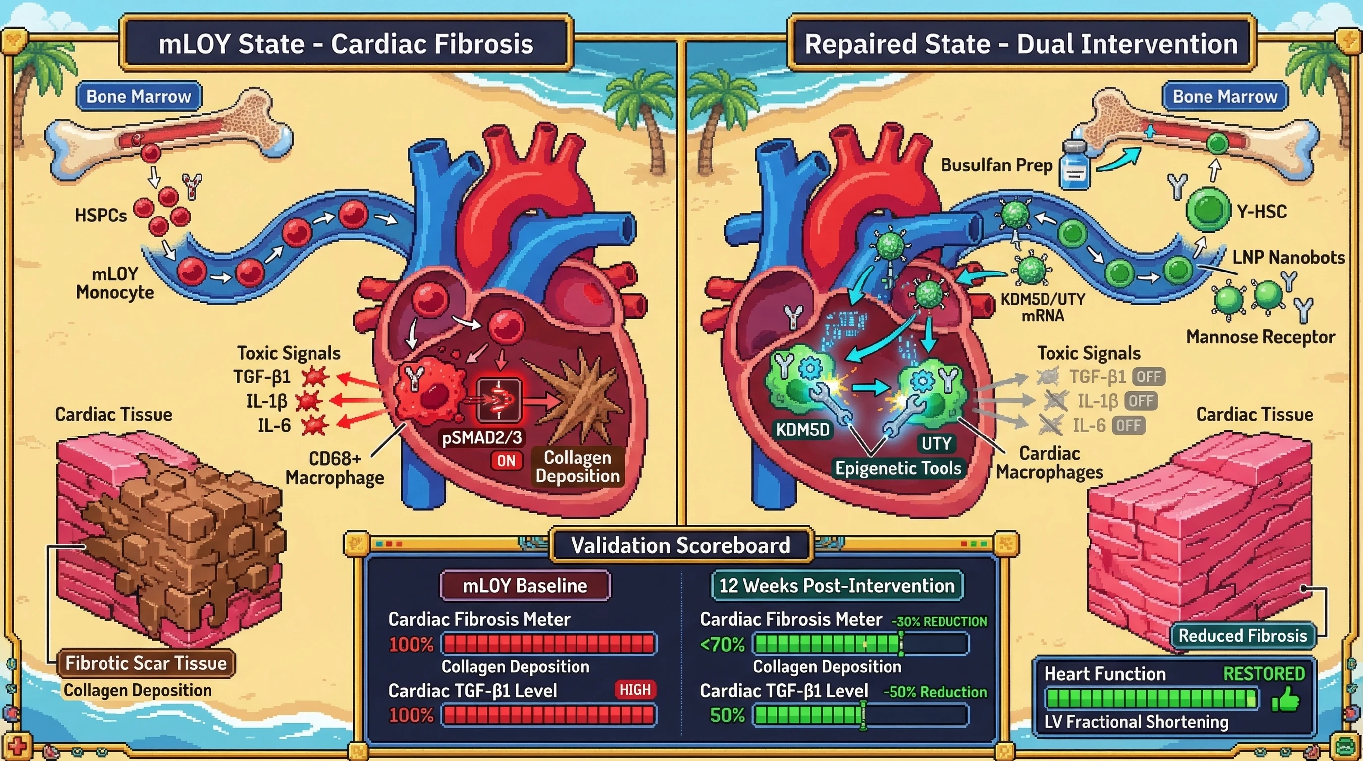 Mechanism: Infusing Y-chromosome-replete stem cells combined with LNP-delivered KDM5D/UTY mRNA to cardiac macrophages reverses mLOY-driven fibrosis. Readout: Readout: Cardiac collagen deposition decreases by over 30%, TGF-β1 protein reduces by 50%, and left ventricular fractional shortening is restored.