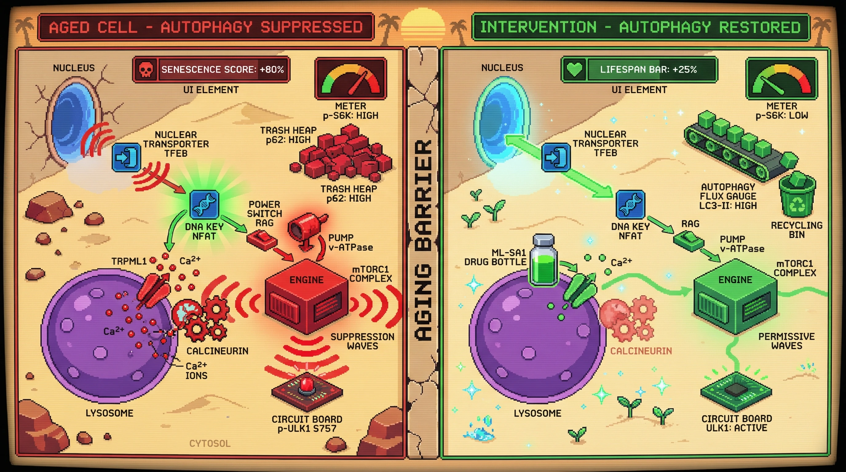 Infographic for: Lysosomal Calcium Leak via TRPML1 Drives mTORC1‑Dependent Autophagy Suppression in Aging