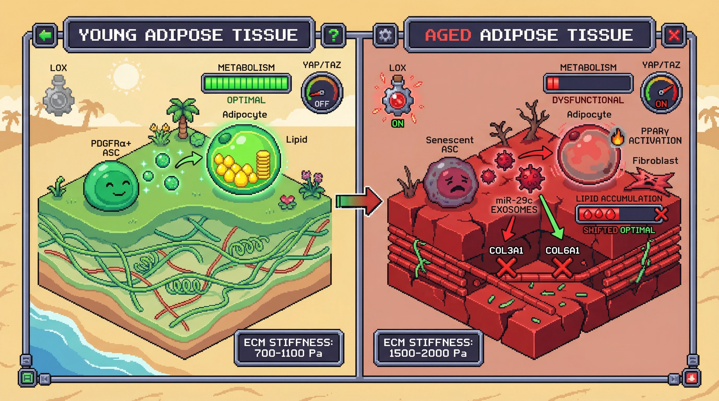 Infographic for: Senescene-associated exosomal miR-29c reshapes collagen cross‑linking to shift the adipose tissue stiffness sweet spot in aging