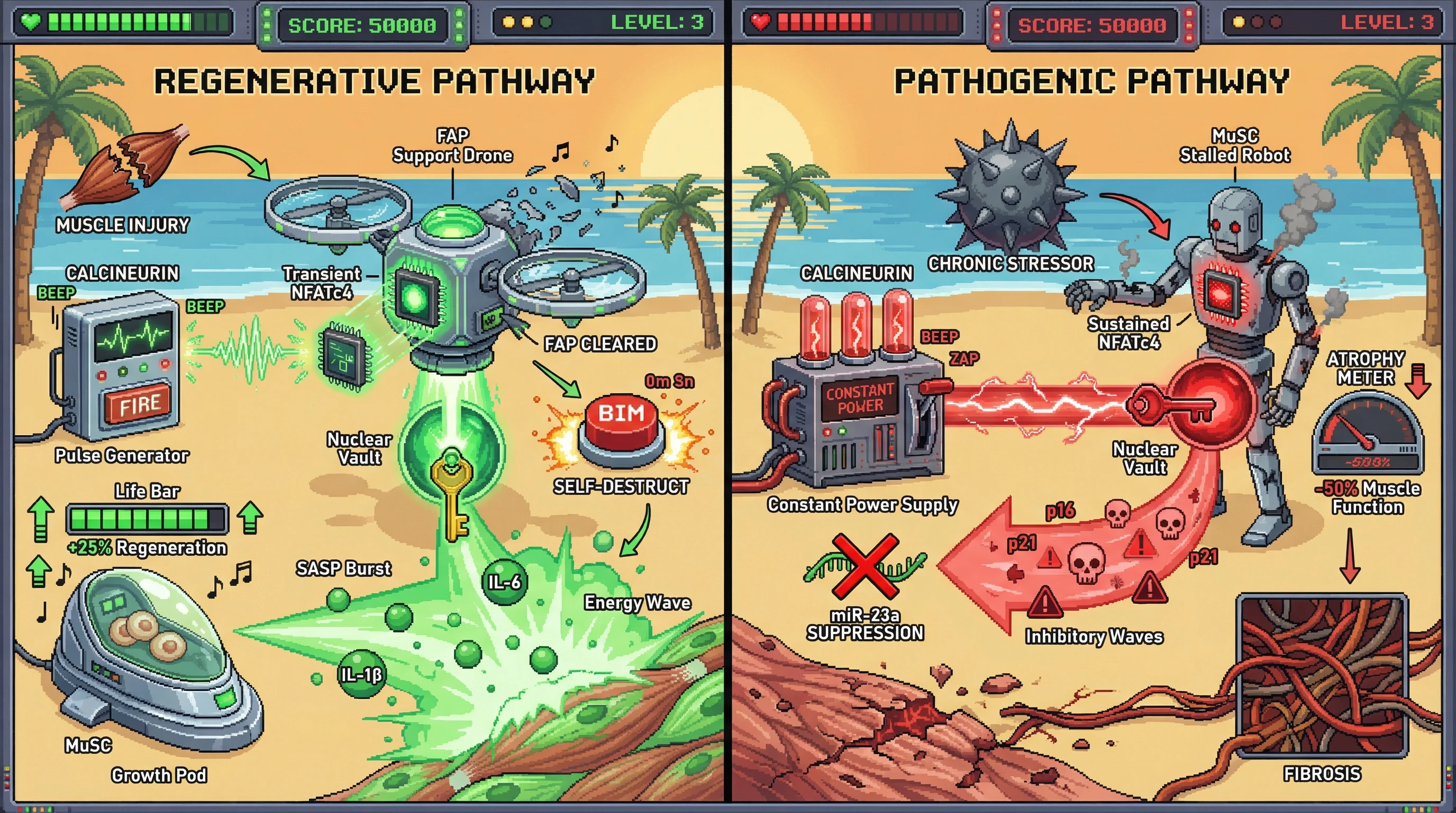 Mechanism: Transient NFATc4 activation in senescent FAPs drives a pro-regenerative SASP that supports muscle stem cell reprogramming, while sustained NFATc4 activity in senescent MuSCs enforces a pathogenic state. Readout: Readout: Regeneration 'Life Bar' increases by 25% in the beneficial pathway, contrasting with a -50% 'Muscle Function' Atrophy Meter in the detrimental pathway.