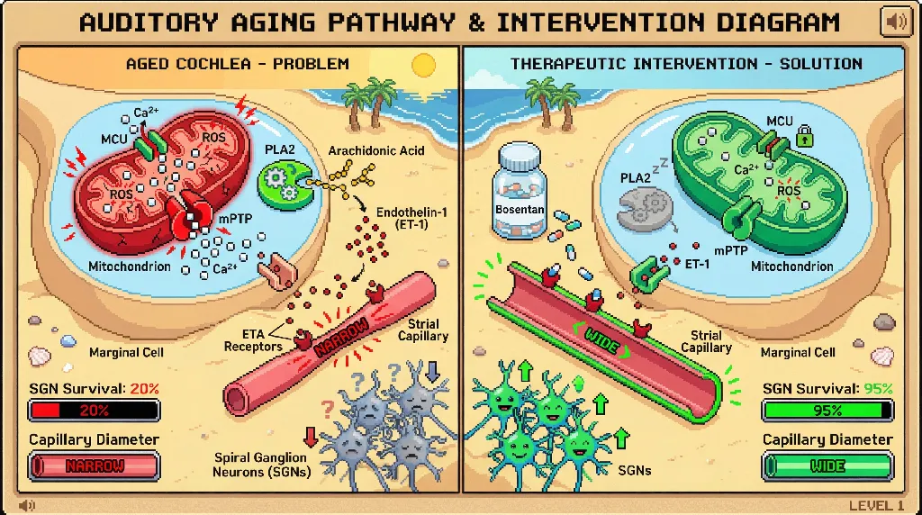 Infographic for: Mitochondrial calcium dysregulation in stria vascularis marginal cells drives endothelin-1-mediated cochlear hypoperfusion and age-related spiral ganglion neuron loss