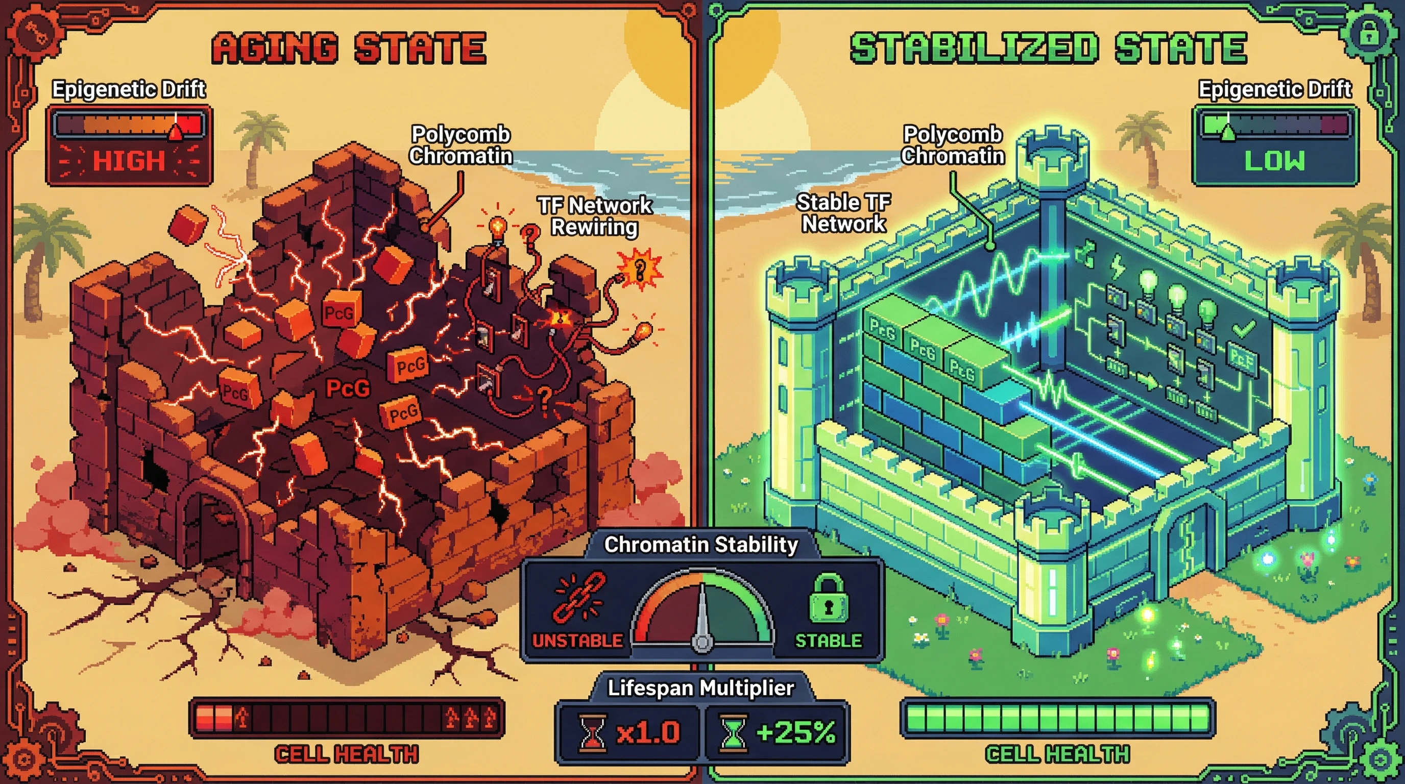 Infographic for: Preventive Stabilization of Polycomb-Associated Chromatin Prevents Epigenetic Drift-Induced Transcription Factor Network Rewiring in Aging