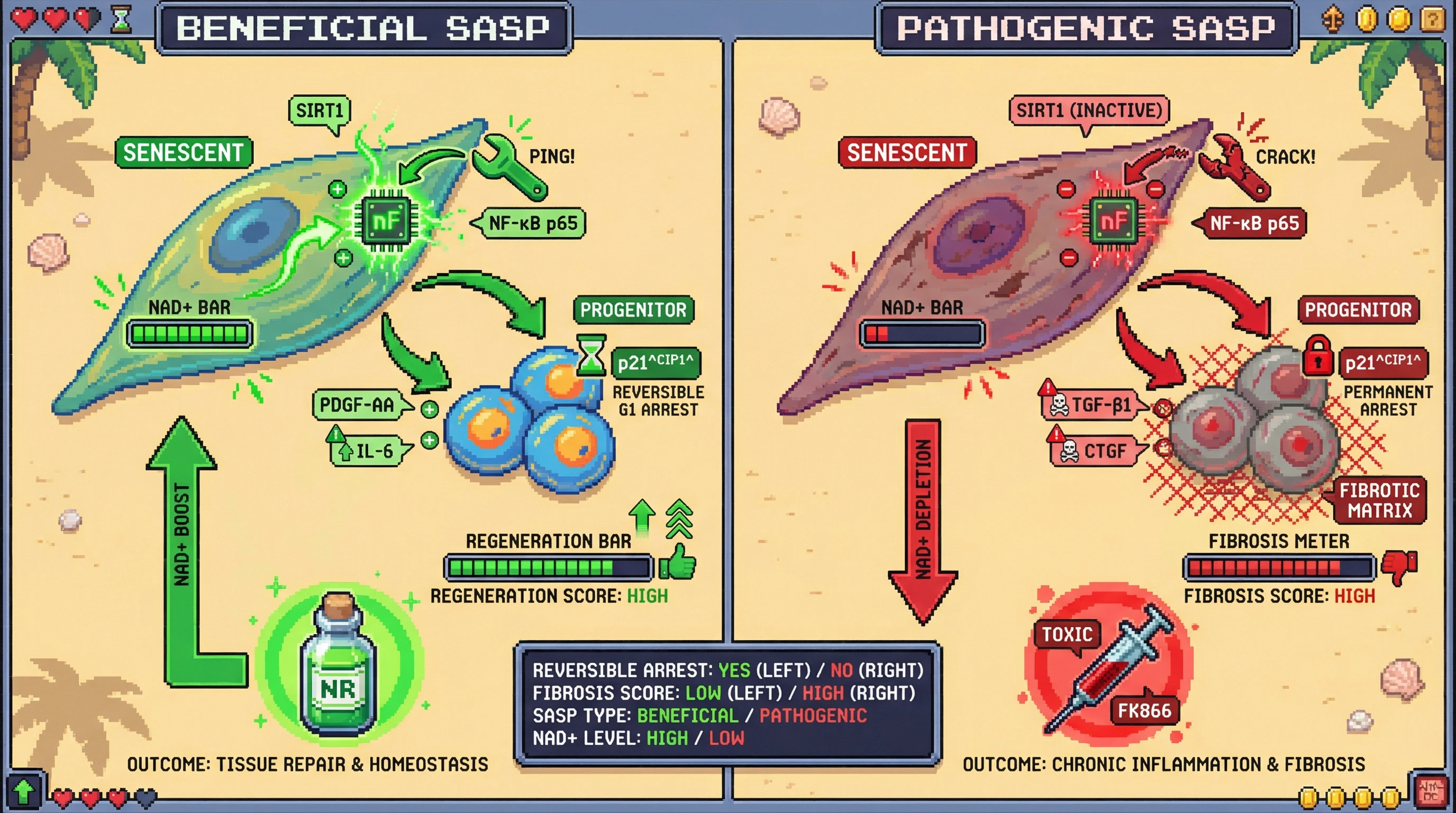 Mechanism: The NAD+/SIRT1 axis in senescent cells acts as a metabolic switch, determining if the SASP promotes reversible progenitor arrest or permanent arrest and fibrosis. Readout: Readout: Boosting NAD+ with NR maintains a beneficial SASP, increasing reversible arrest and reducing fibrosis, while depleting NAD+ with FK866 shifts to a pathogenic SASP, exacerbating fibrosis and permanently arresting progenitors.