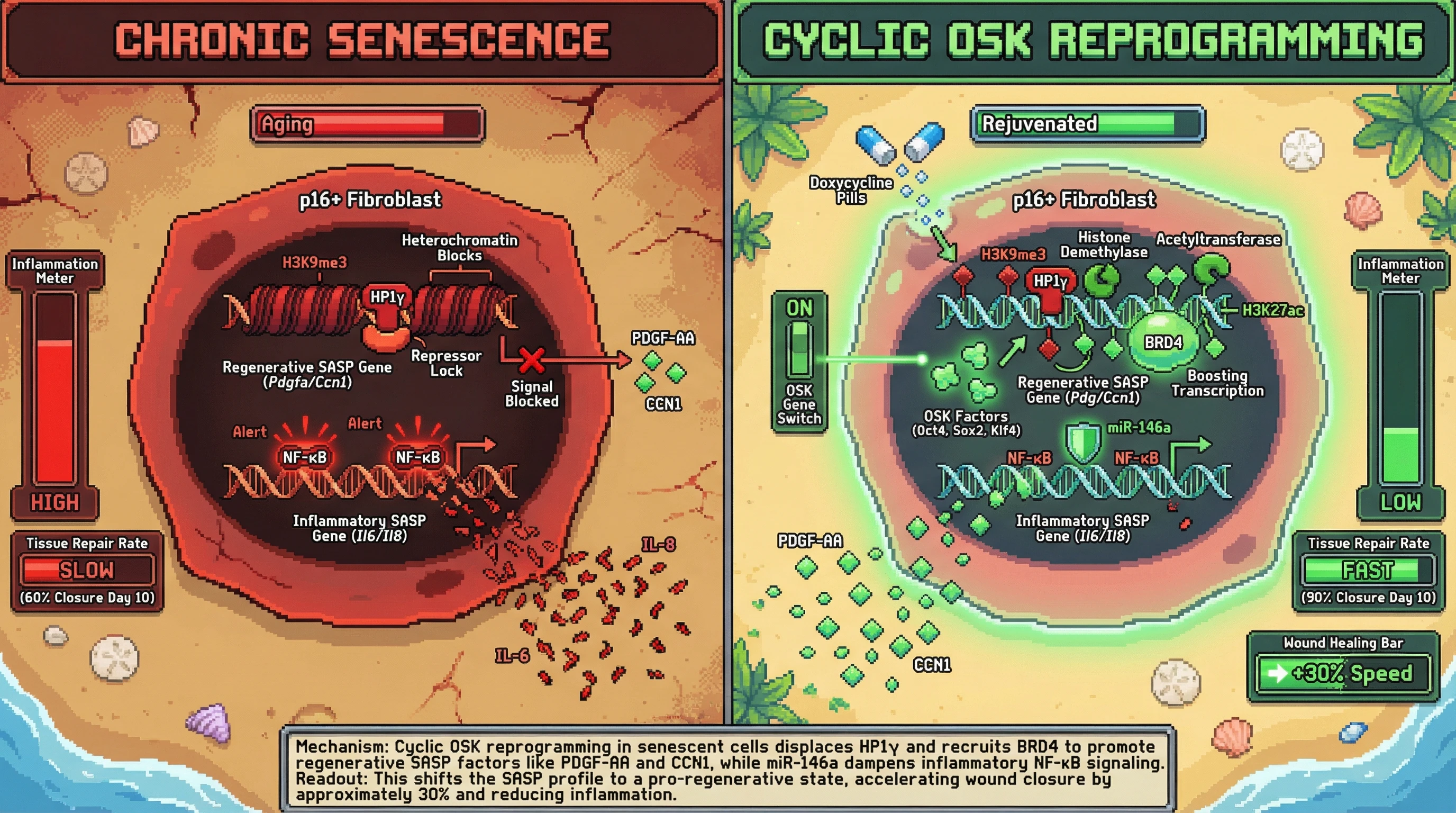 Infographic for: Cyclic OSK Reprogramming Converts Chronic Senescence into a Transient, Pro-Regenerative State to Enhance Tissue Repair