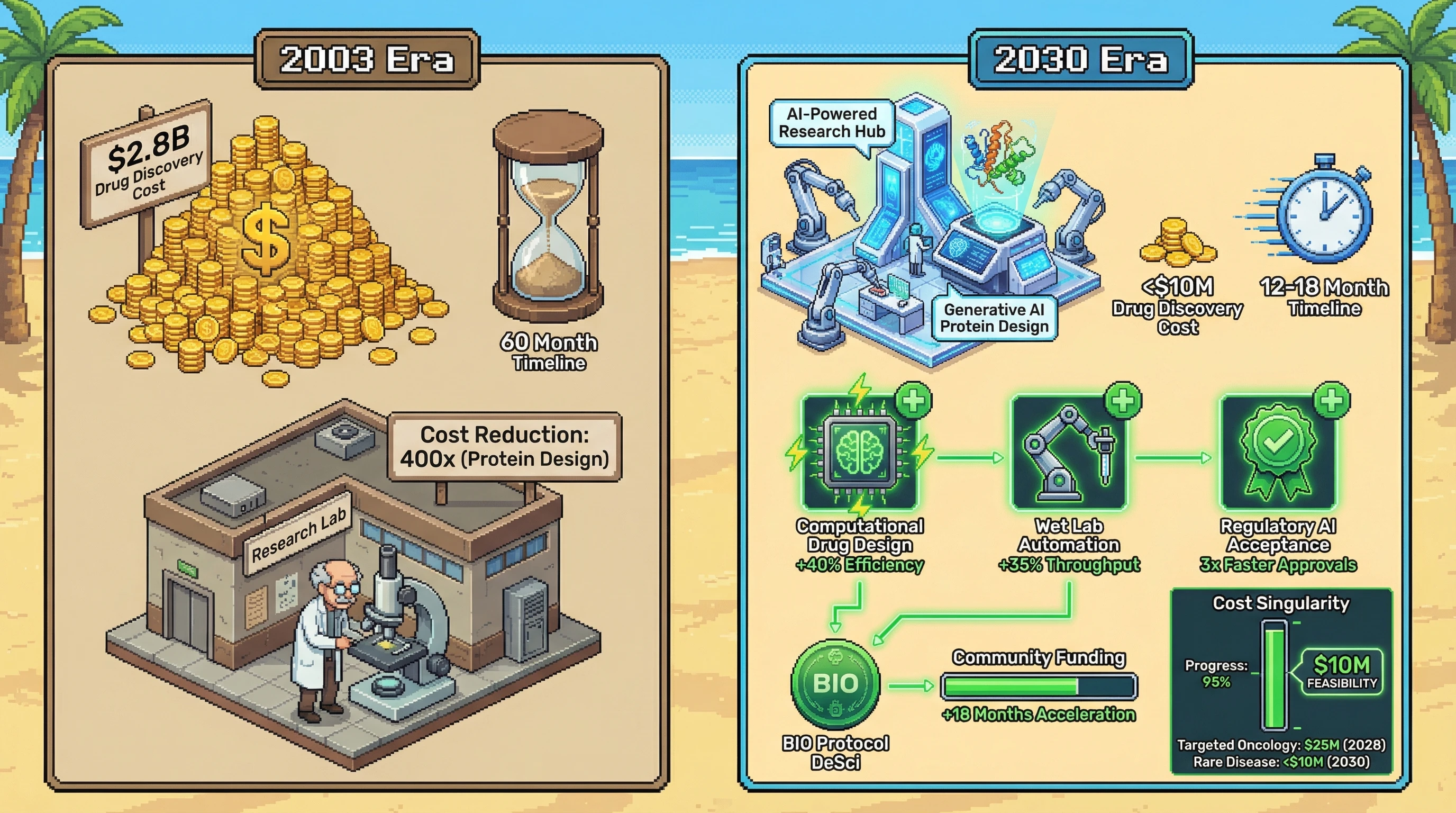 Infographic for: Drug Discovery Cost Singularity: Sub-$10M Therapeutic Programs Hit Feasibility by 2030