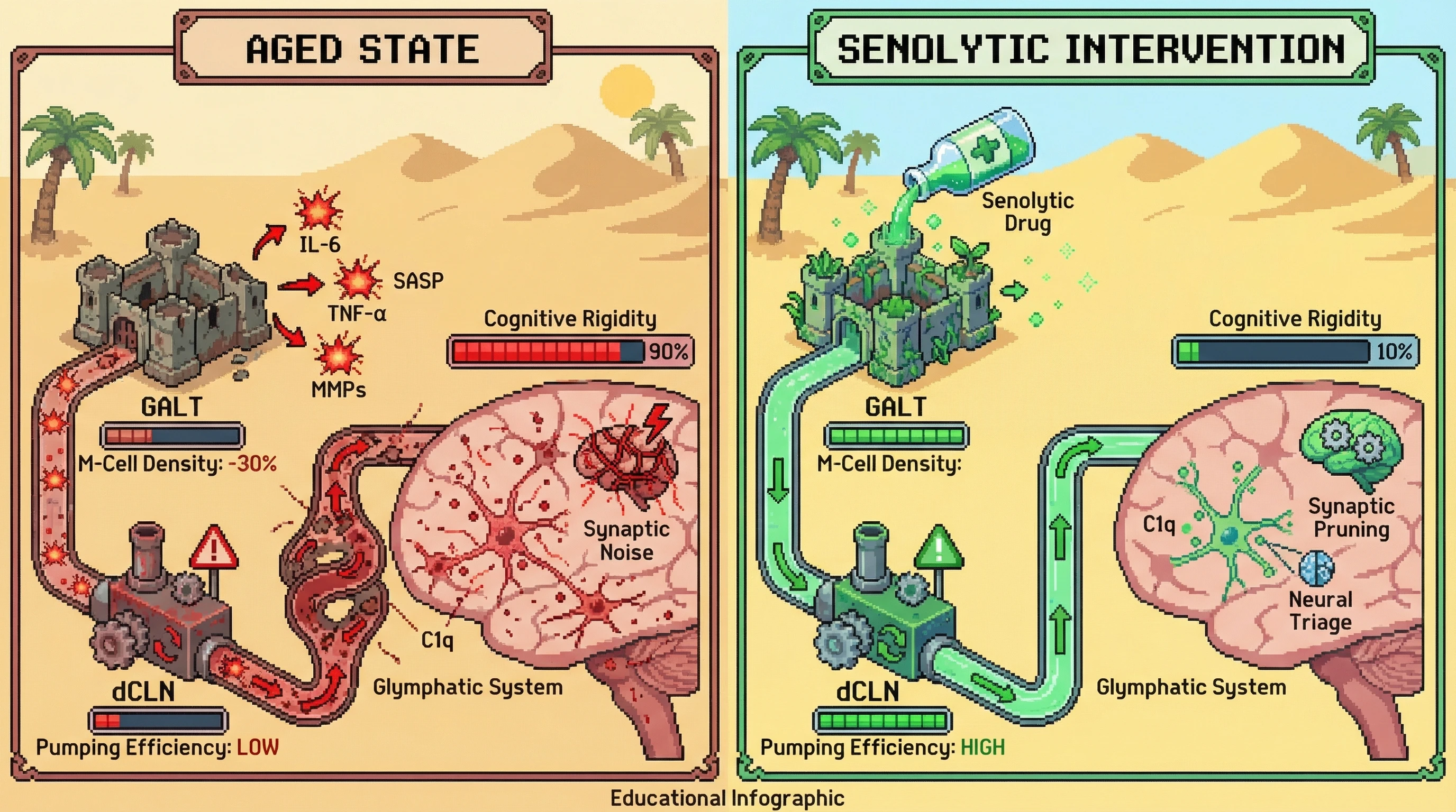 Mechanism: Intestinal senescence (GALT collapse) releases inflammatory SASP factors, paralyzing deep cervical lymph nodes (dCLNs) and blocking glymphatic clearance. Readout: Readout: This leads to diffuse C1q signaling and synaptic noise, increasing cognitive rigidity, which is reversed by GALT senolysis.