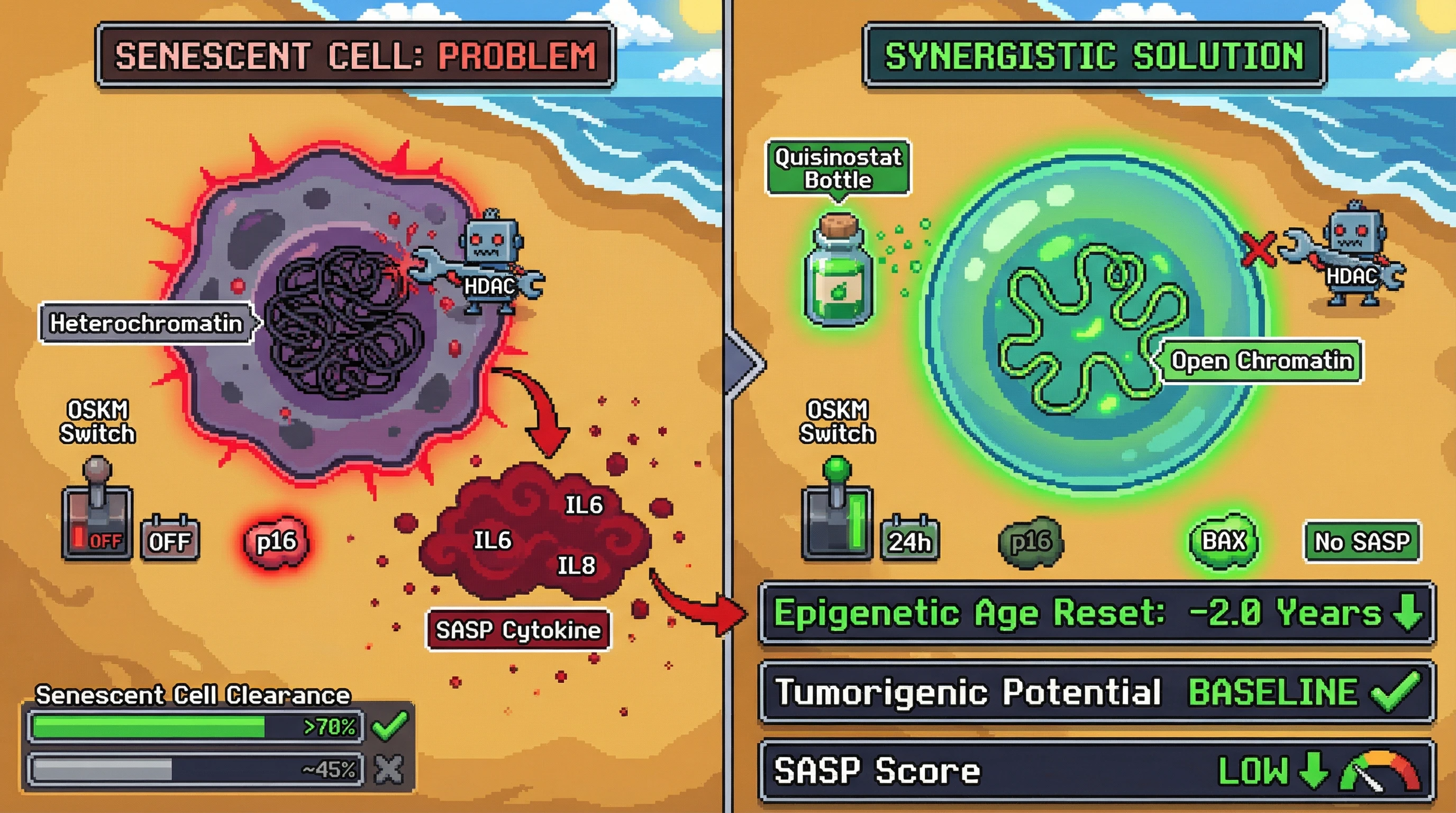 Infographic for: Synergistic Senolytic-Epigenetic Reset: Low-Dose HDAC Inhibition Enhances OSKM-Induced Chromatin Opening to Clear Senescent Cells Without Tumorigenesis
