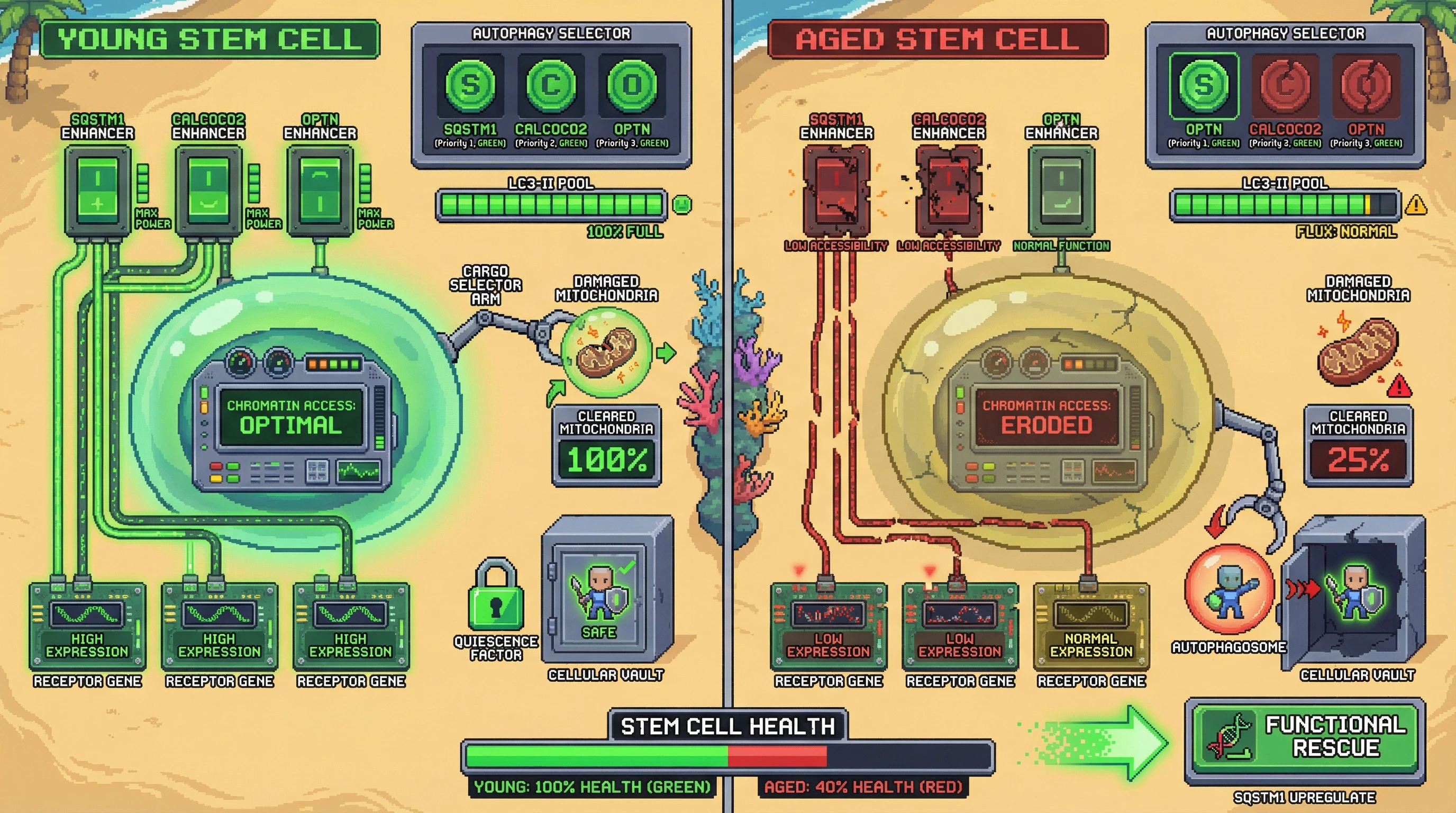 Infographic for: Age‑dependent erosion of selective autophagy receptor enhancers rewrites the cannibalism hierarchy, driving stem cell loss despite preserved bulk autophagy